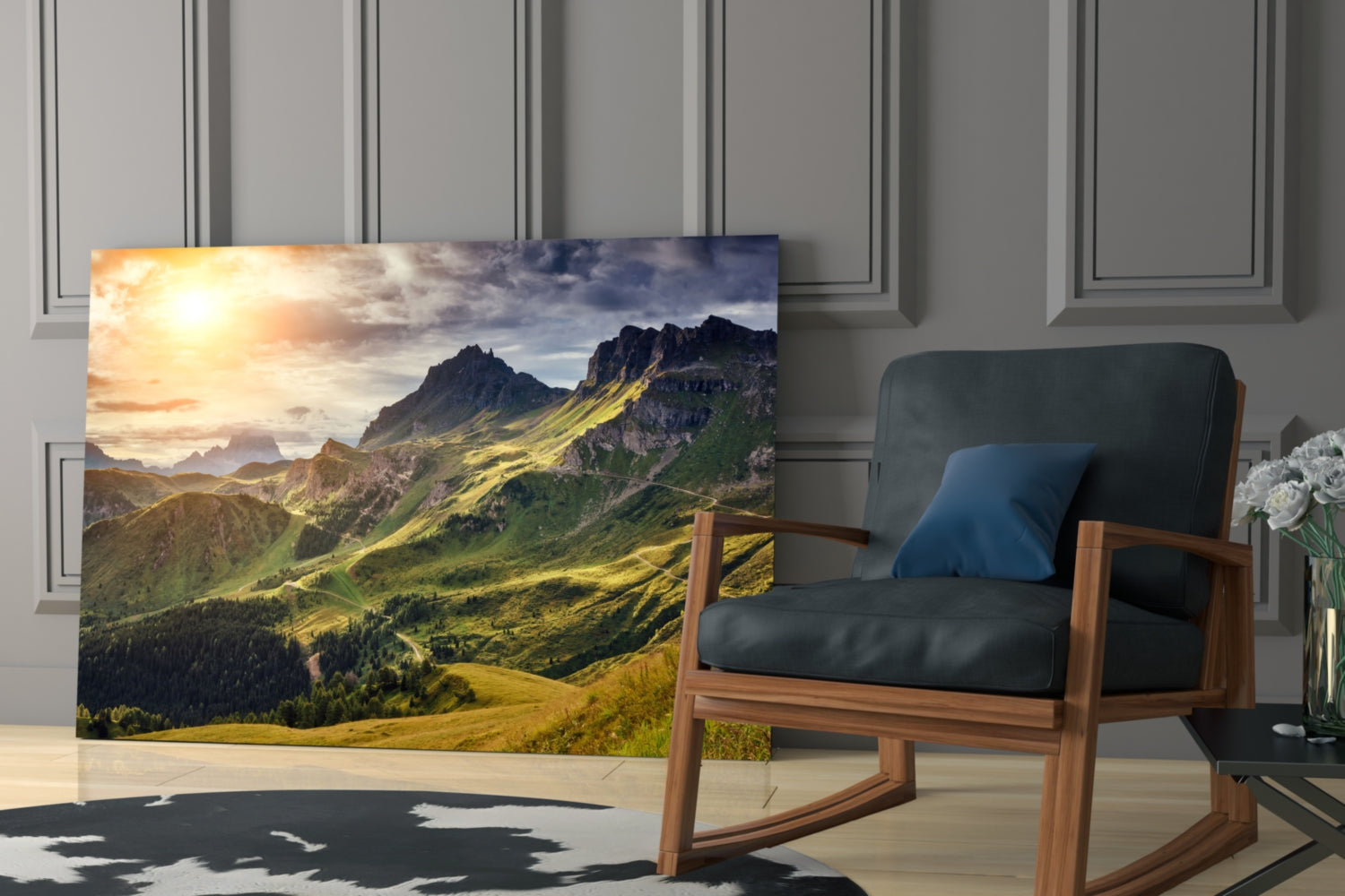 Sunlit Green Alpine Valley Ridge Glass Wall Art