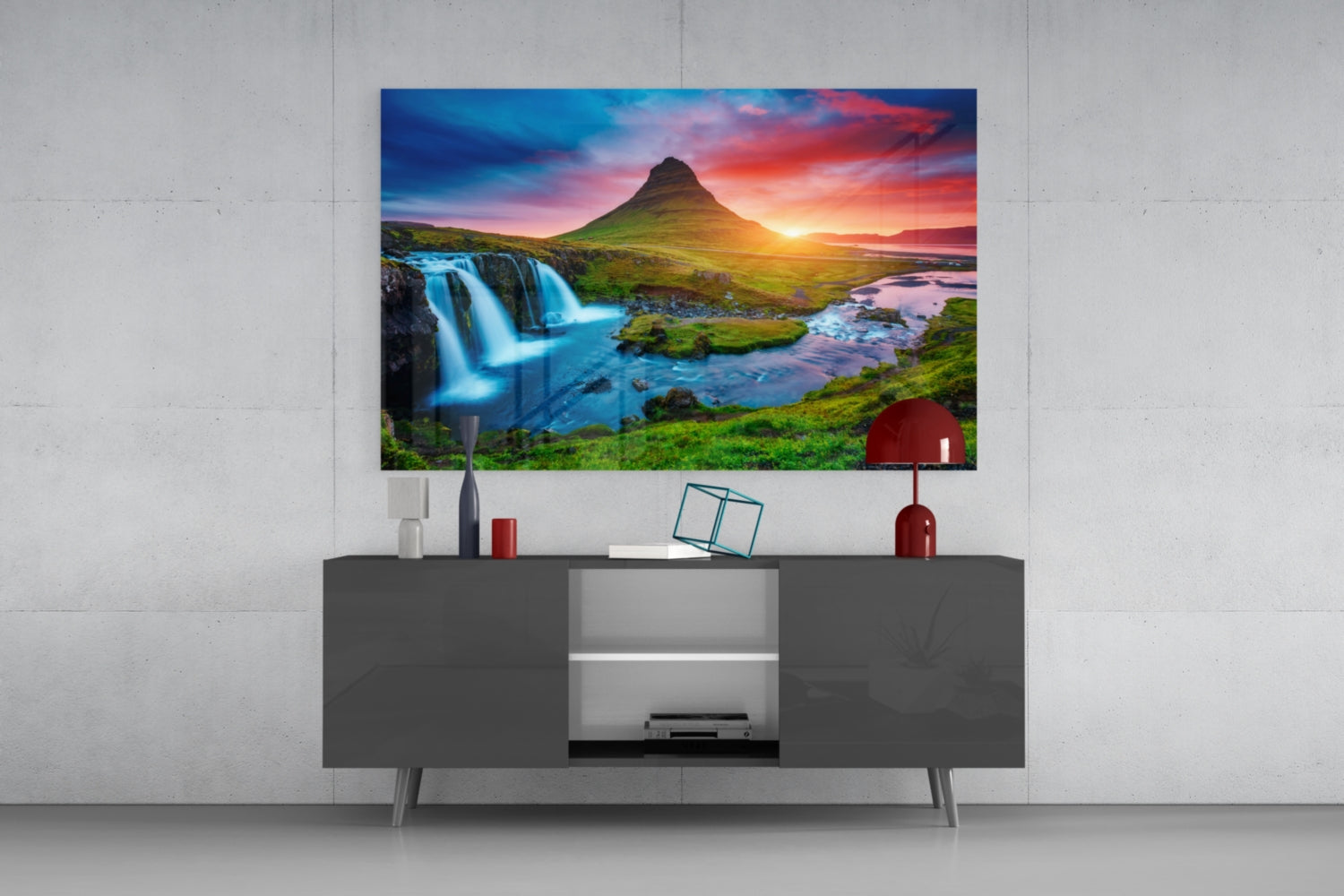 Kirkjufellsfoss Waterfall and View Glass Wall Art