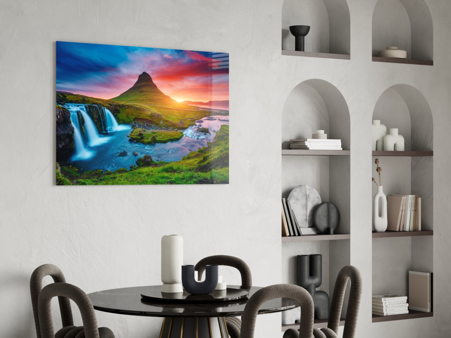 Kirkjufellsfoss Waterfall and View Glass Wall Art