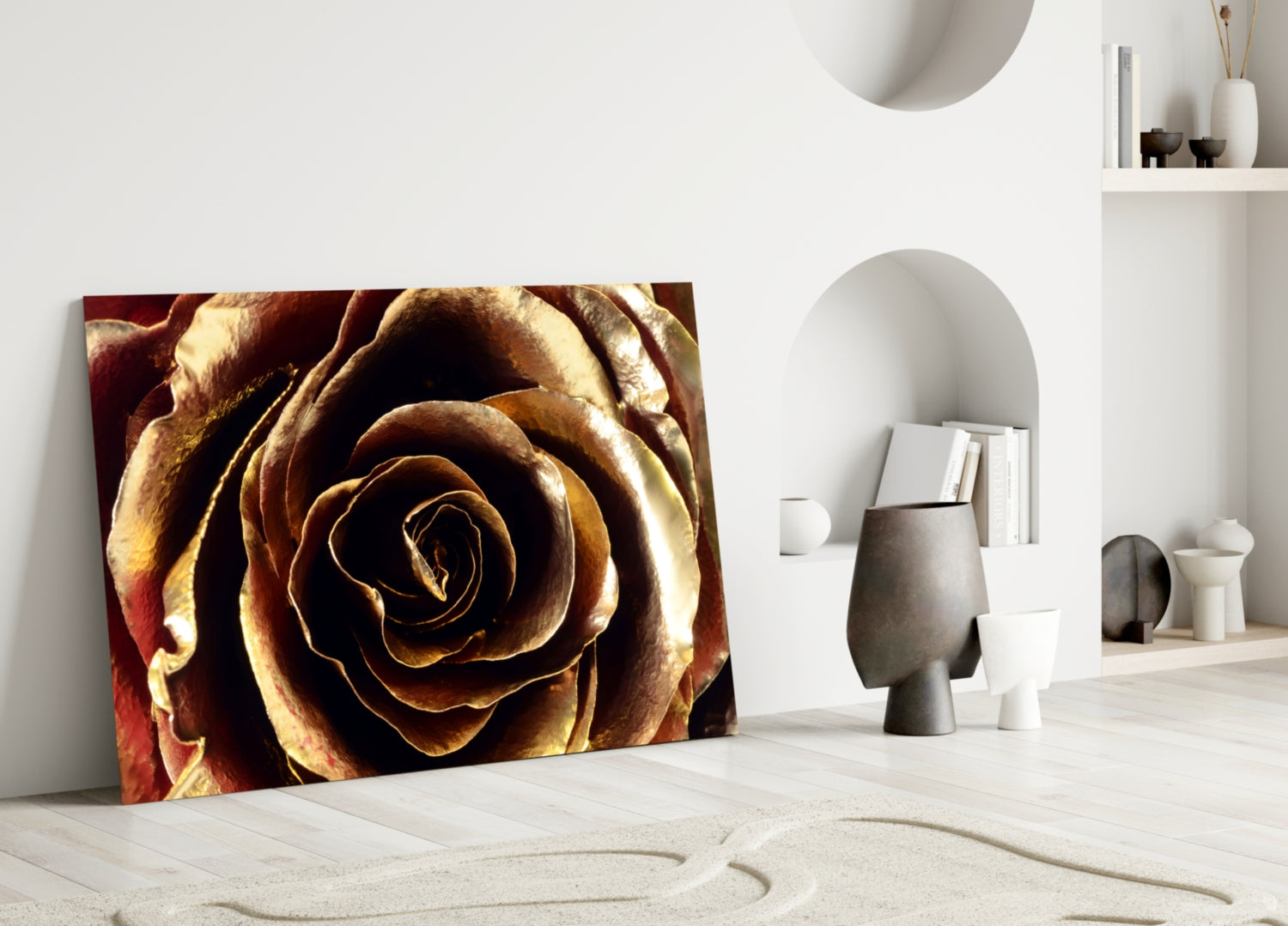 Golden Metallic Rose Glass Wall Art