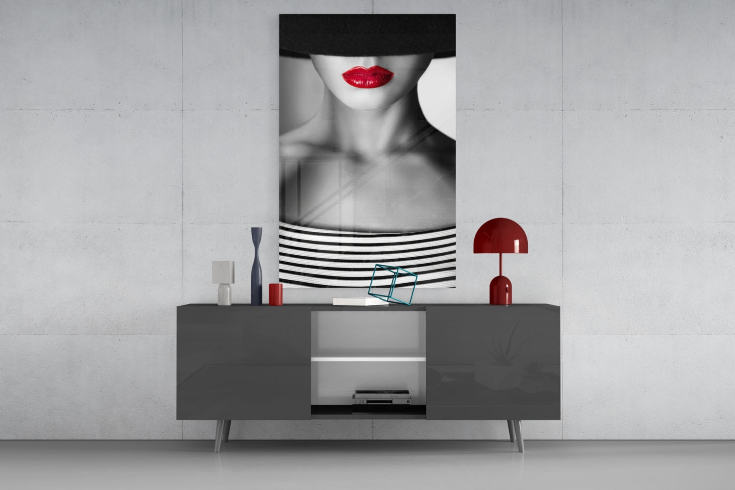 Red Lips Portrait Glass Wall Art
