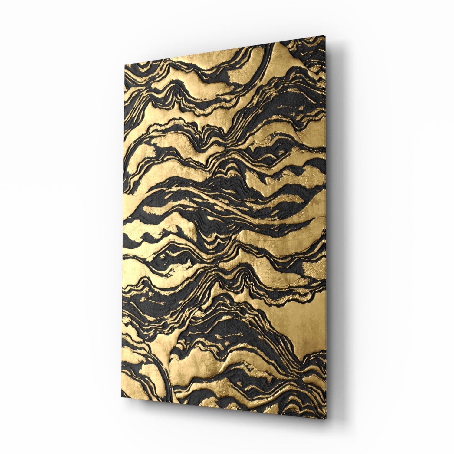Black Marbled Ripple Golden Waves Glass Wall Art