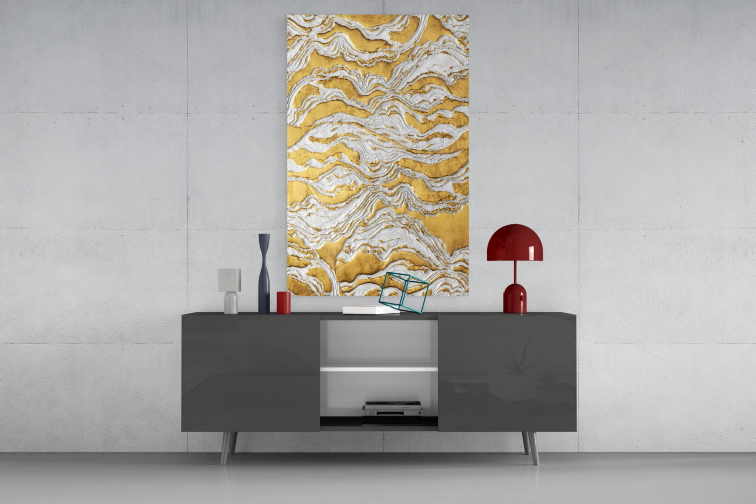 White Relief Ridges Golden Waves Glass Wall Art