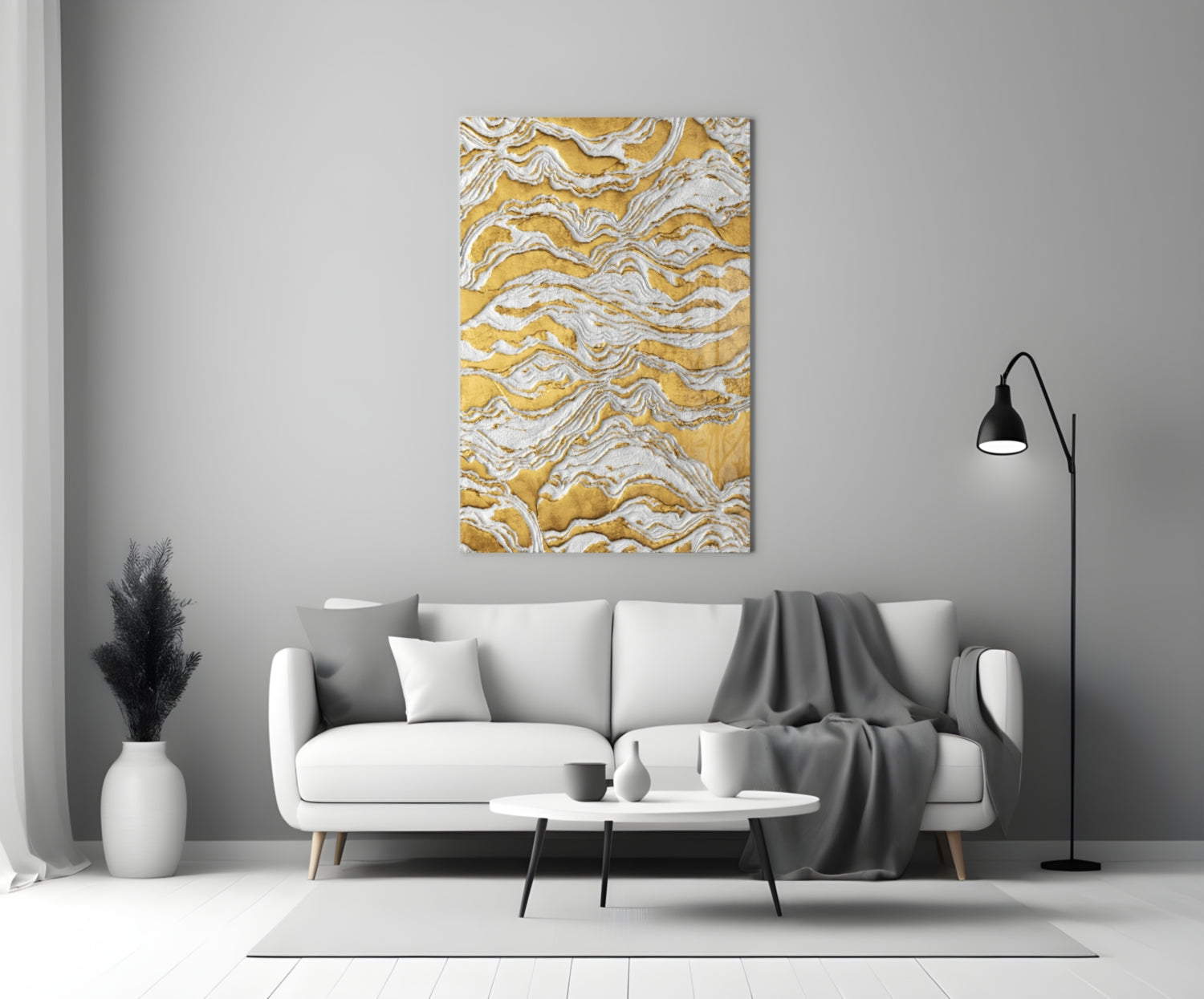 White Relief Ridges Golden Waves Glass Wall Art