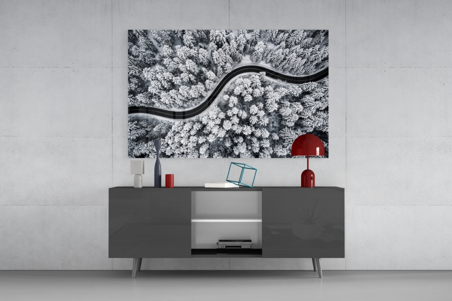 Aerial Snowy Forest Winding Road Glass Wall Art