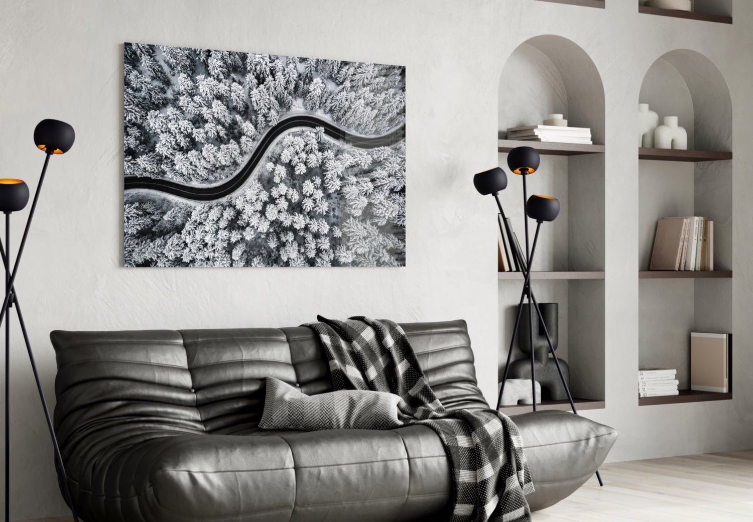 Aerial Snowy Forest Winding Road Glass Wall Art