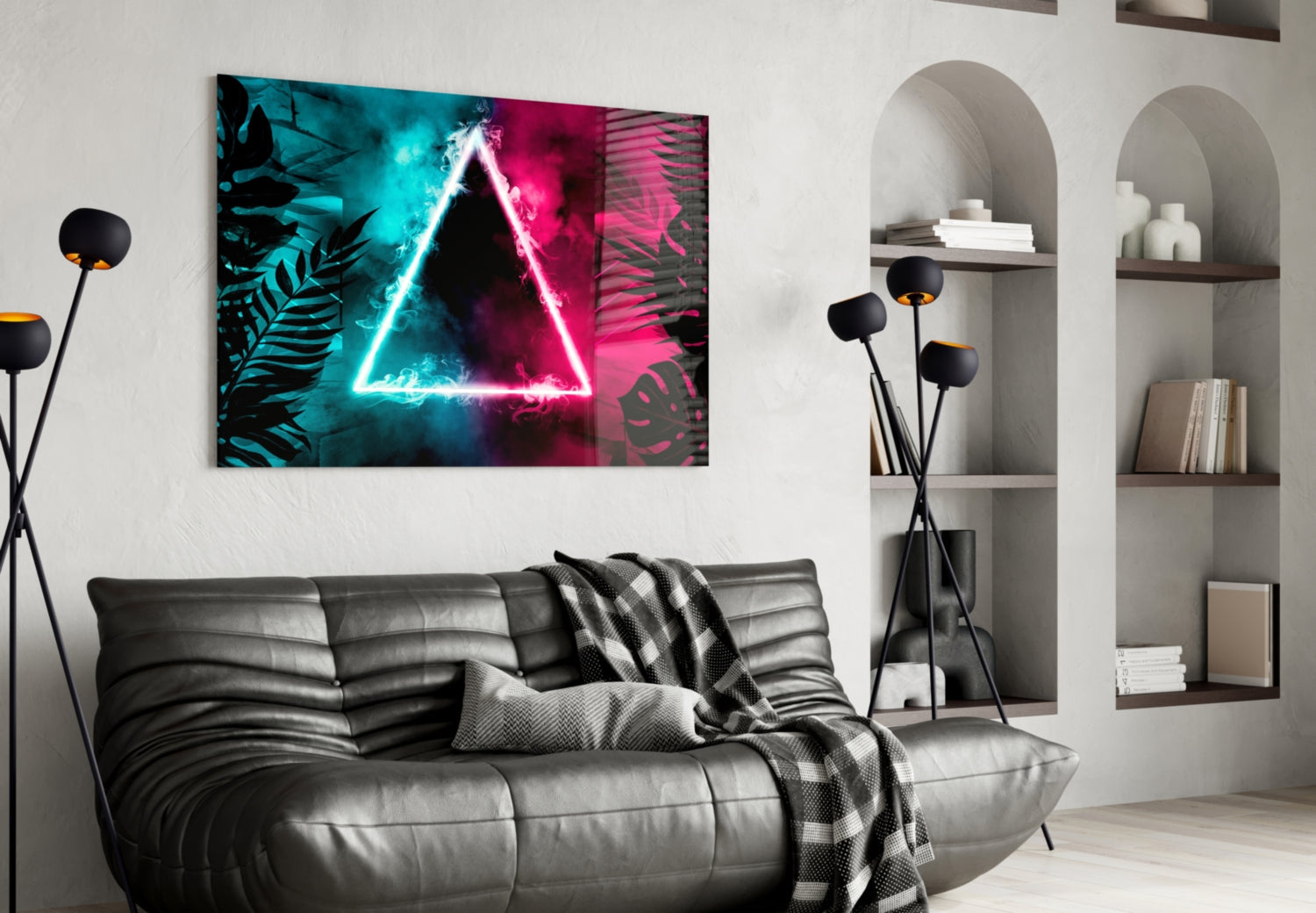 Neon Triangle Tropical Leaves Glass Wall Art