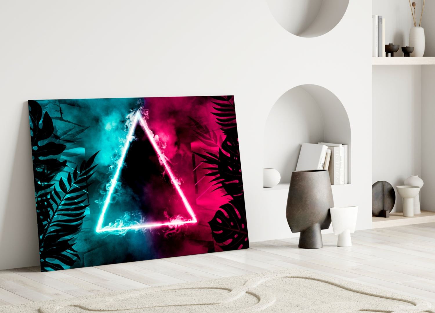 Neon Triangle Tropical Leaves Glass Wall Art