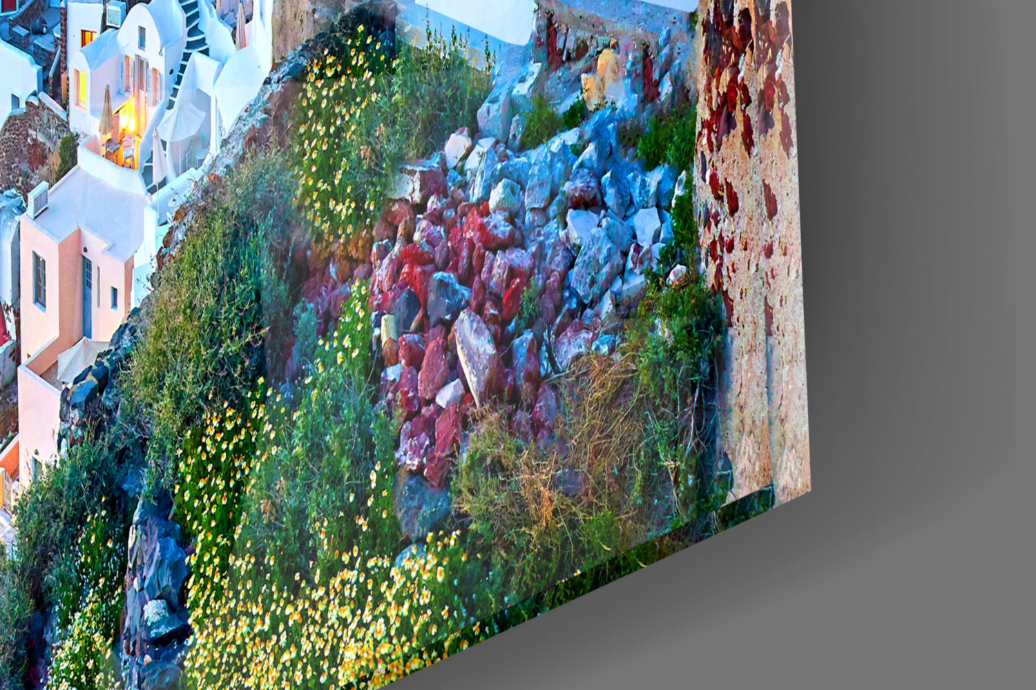 Twilight Blue Hour Cliffside Santorini Glass Wall Art