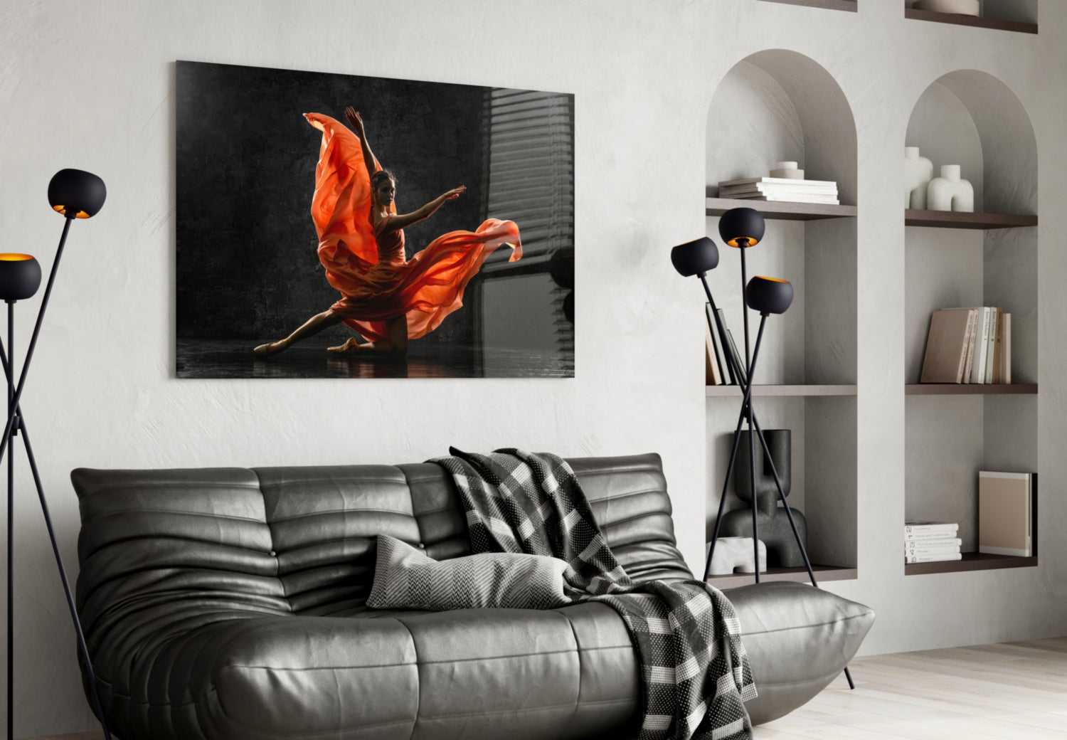 Orange Flowing Dress Dancer on Black Glass Wall Art