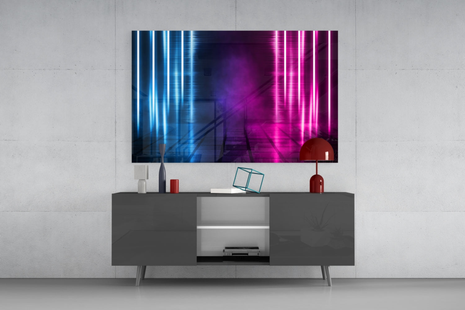 Blue Pink Neon Light Beams Glass Wall Art