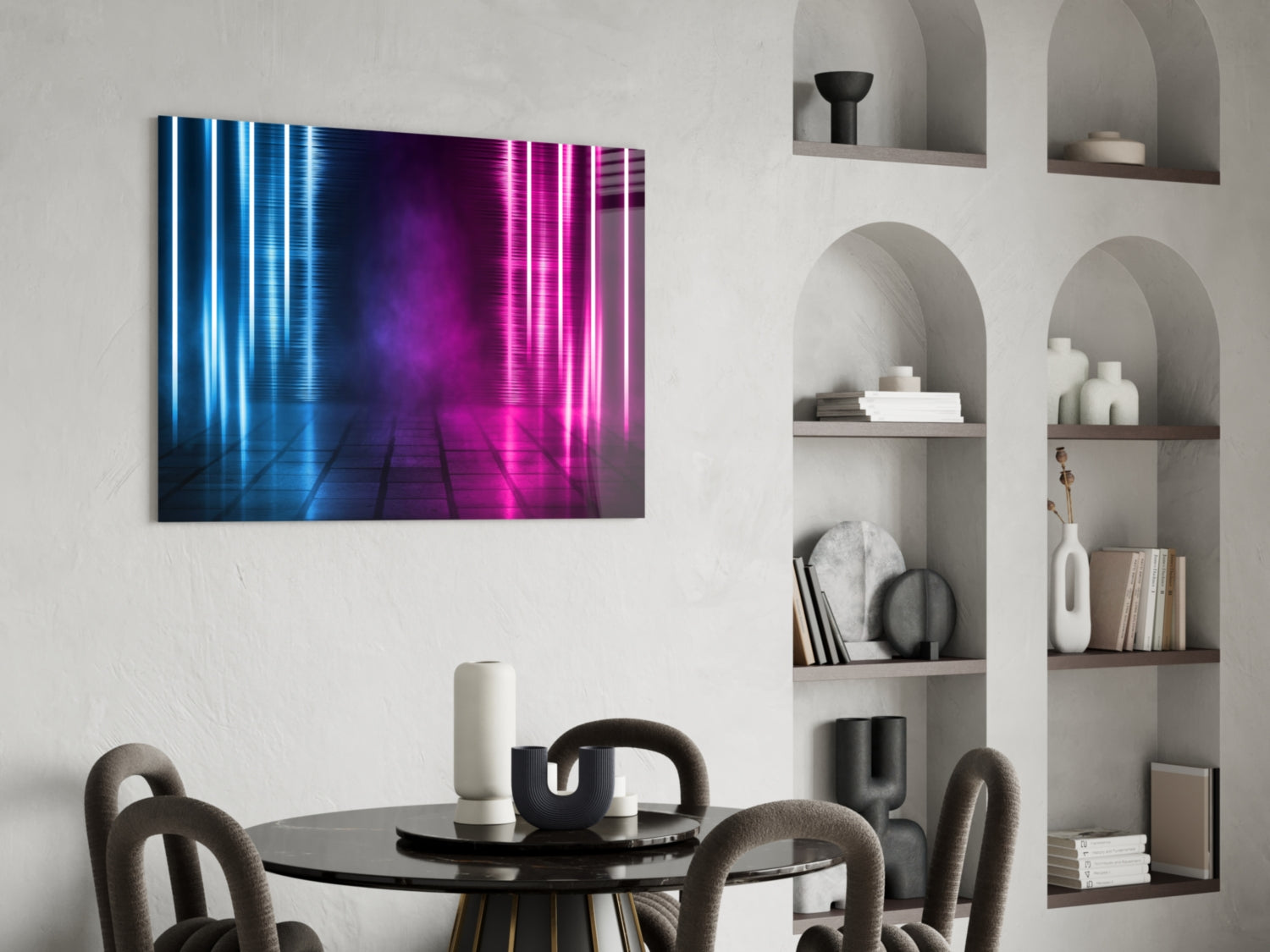 Blue Pink Neon Light Beams Glass Wall Art