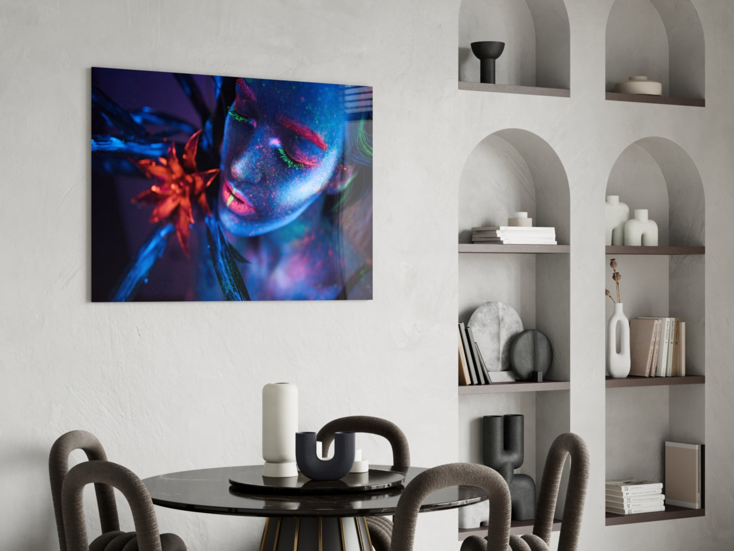 Neon Blue Orange Flower Woman Glass Wall Art