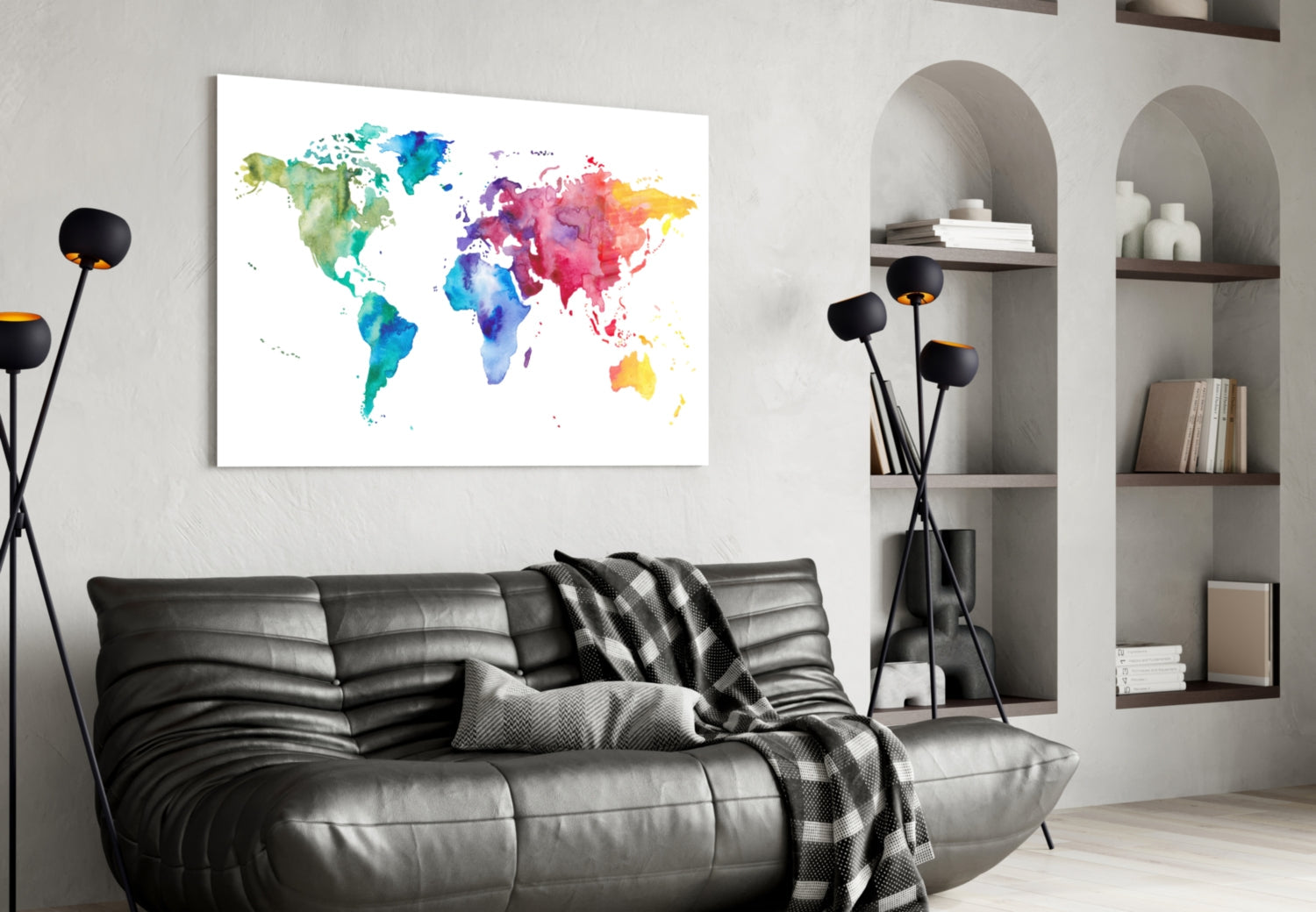 Rainbow Watercolor World Map Glass Wall Art