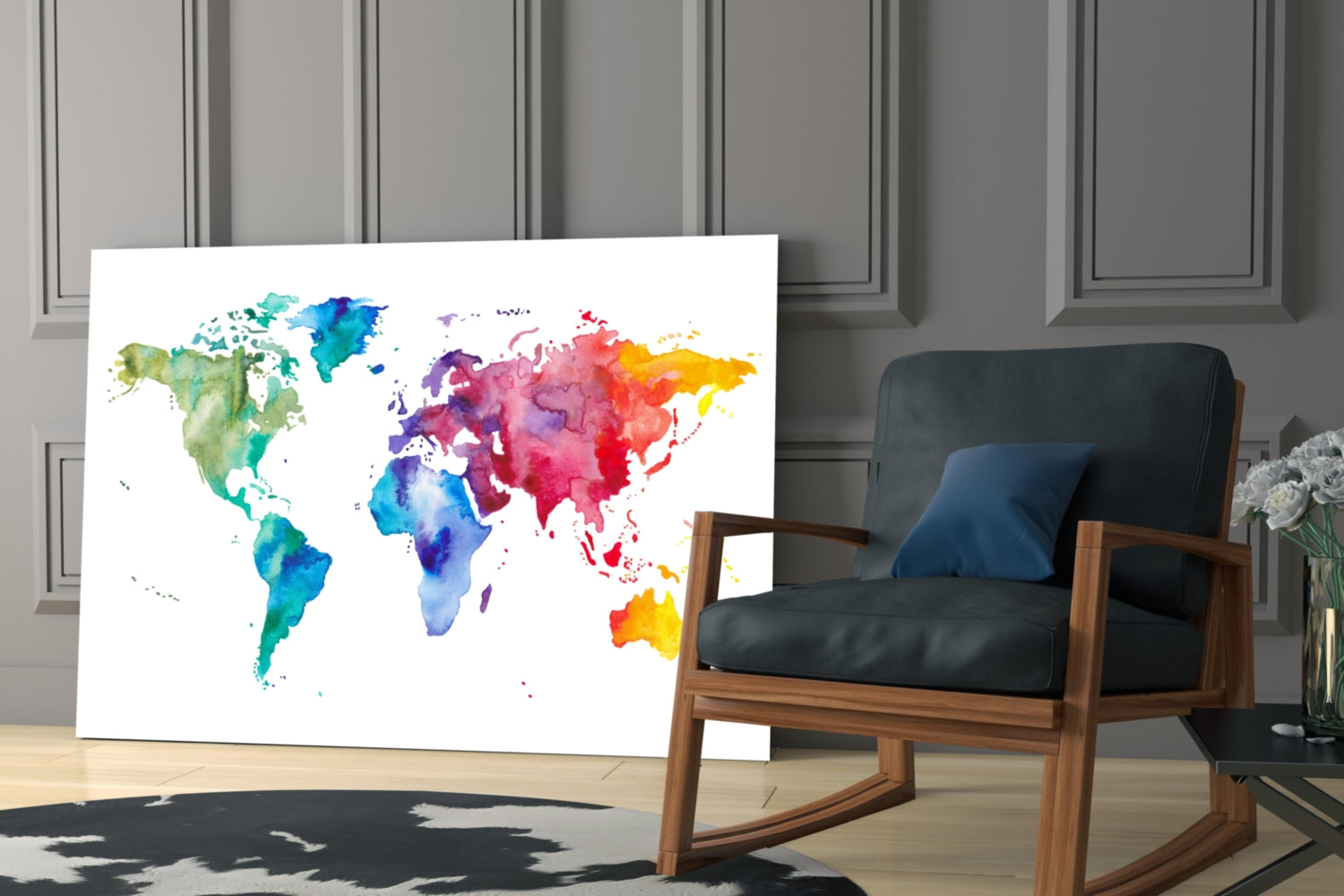 Rainbow Watercolor World Map Glass Wall Art