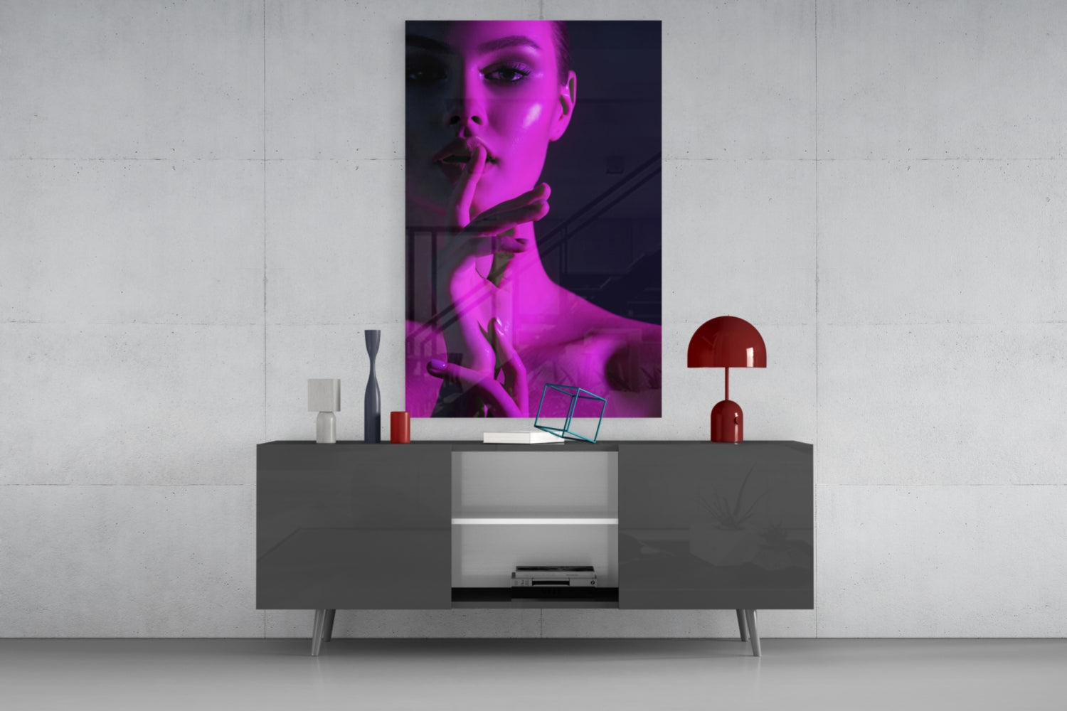 Magenta Light Shush Woman Glass Wall Art