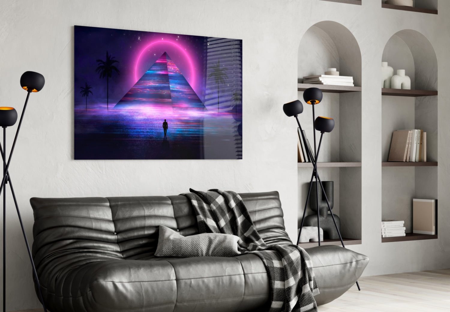 Neon Halo Pyramid Retrowave Glass Wall Art