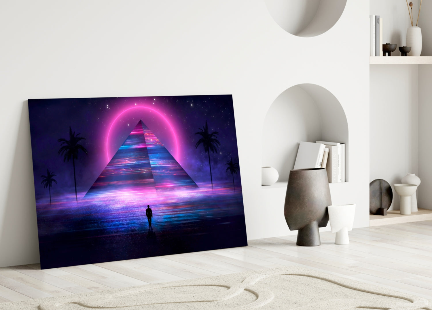 Neon Halo Pyramid Retrowave Glass Wall Art