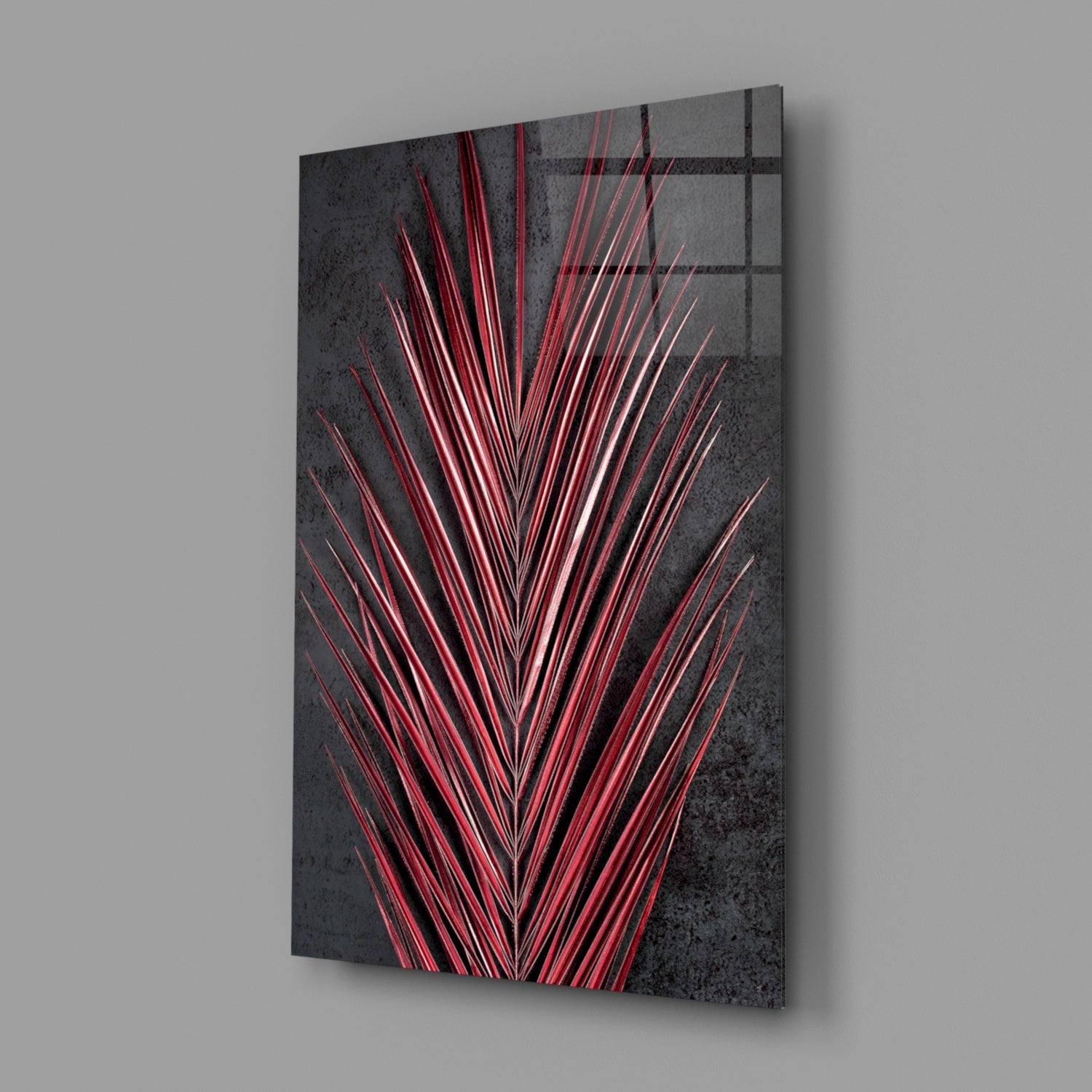 Crimson Red Palm Frond Areca Bunch Glass Wall Art