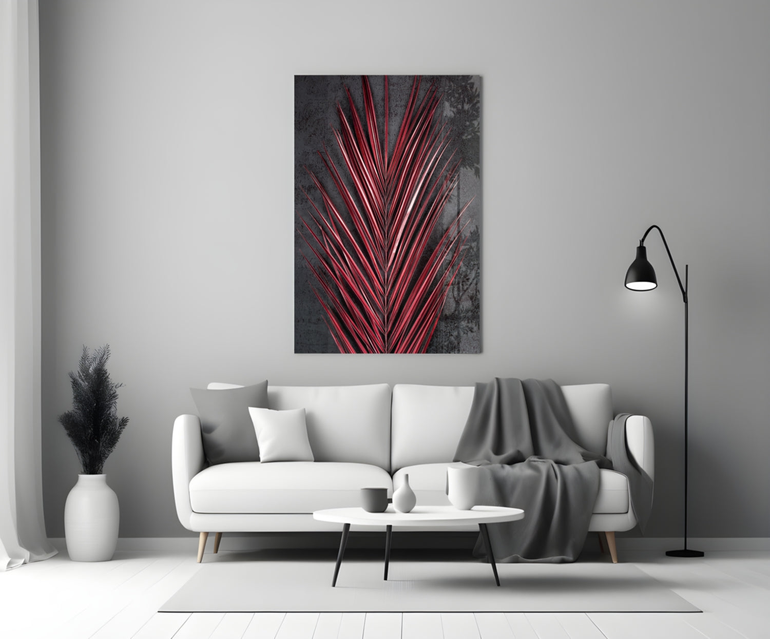 Crimson Red Palm Frond Areca Bunch Glass Wall Art