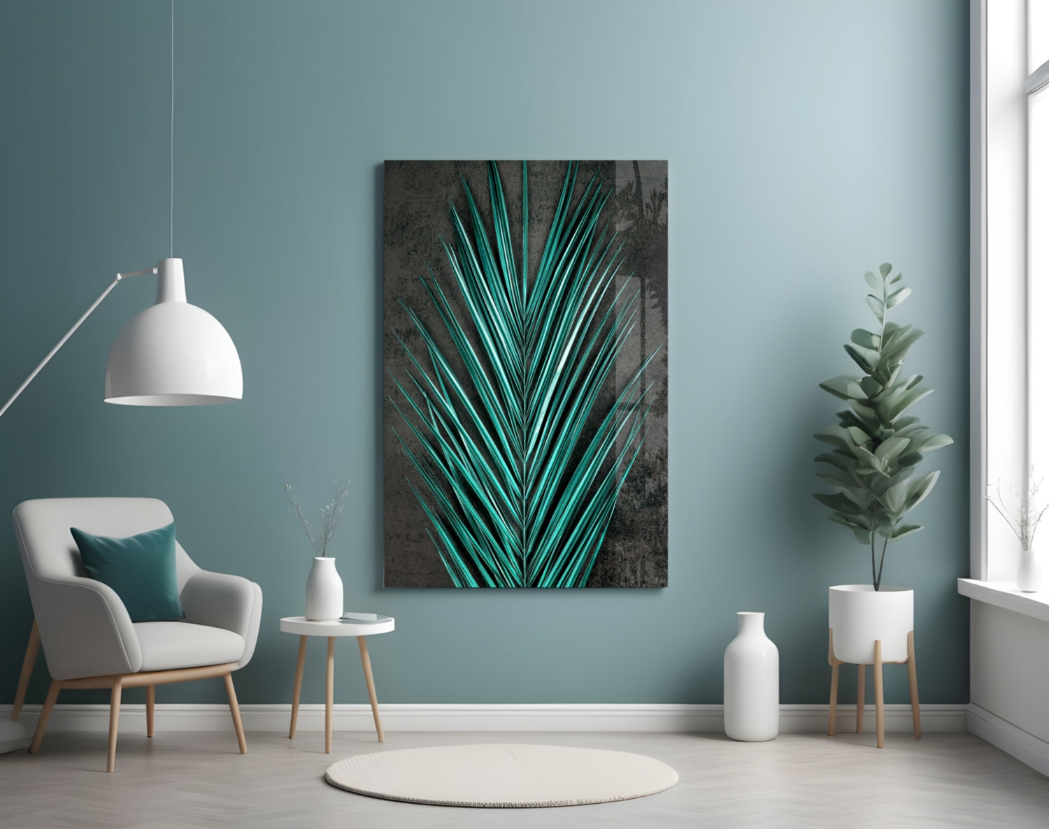 Turquoise Palm Frond Areca Bunch Glass Wall Art