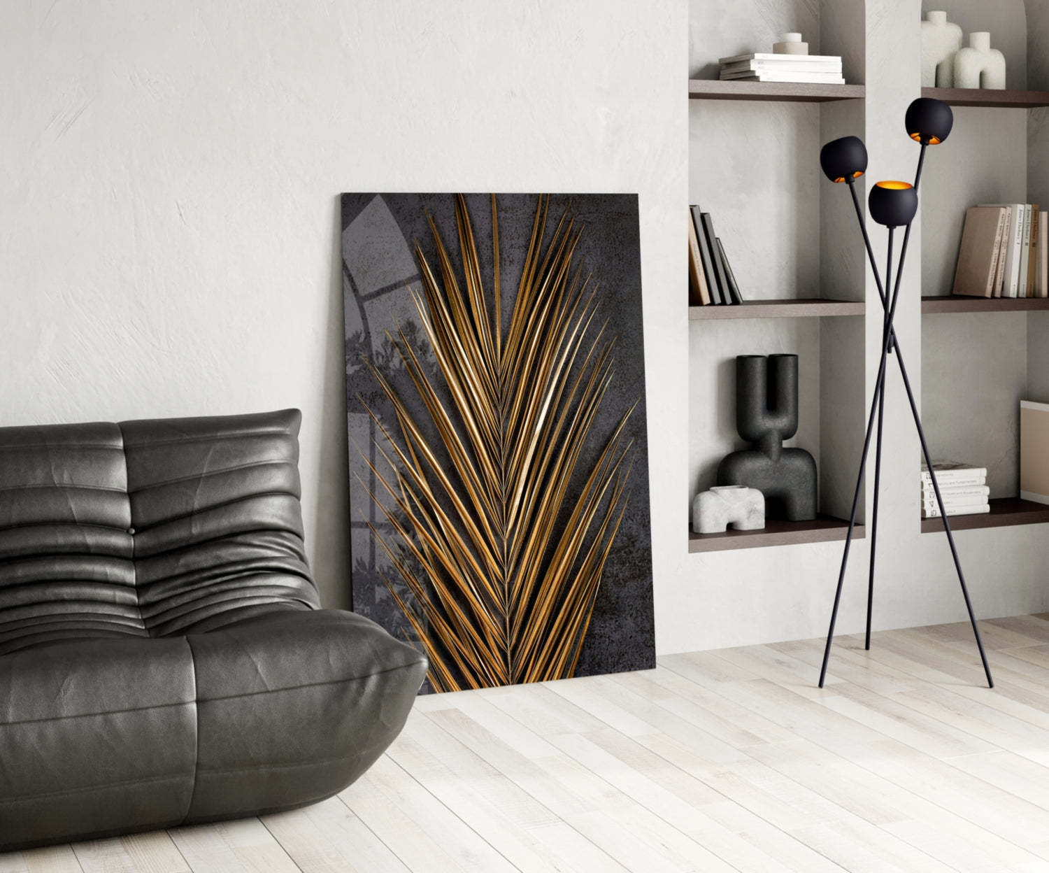 Golden Bronze Palm Frond Areca Bunch Glass Wall Art