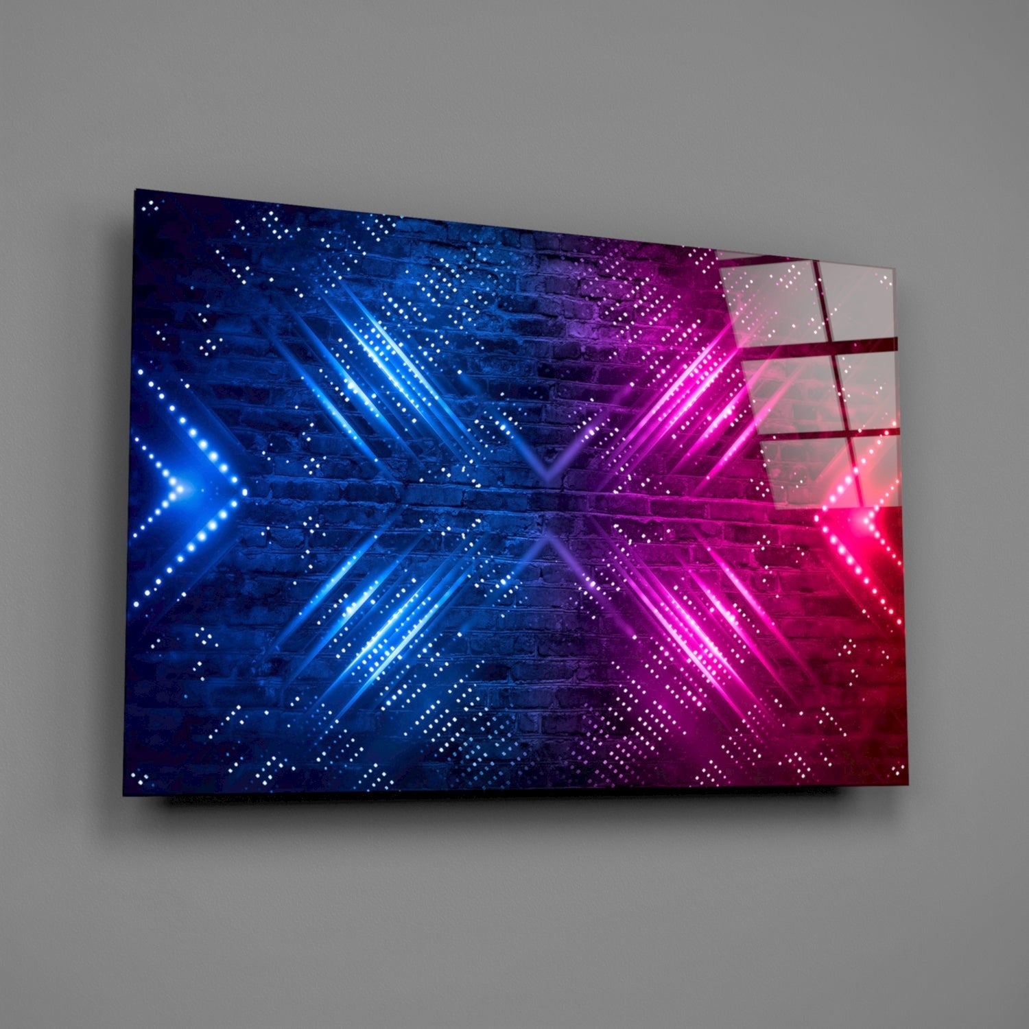 Neon Arrows on Brick Wall Glass Wall Art