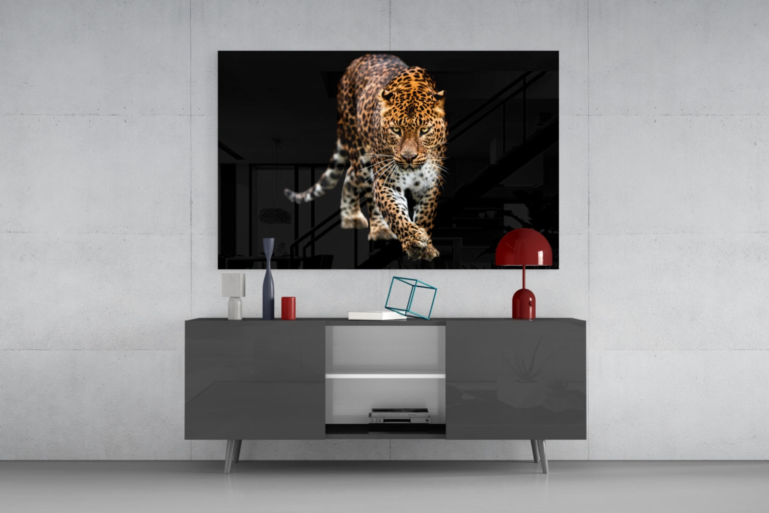 Prowling Leopard on Black Glass Wall Art