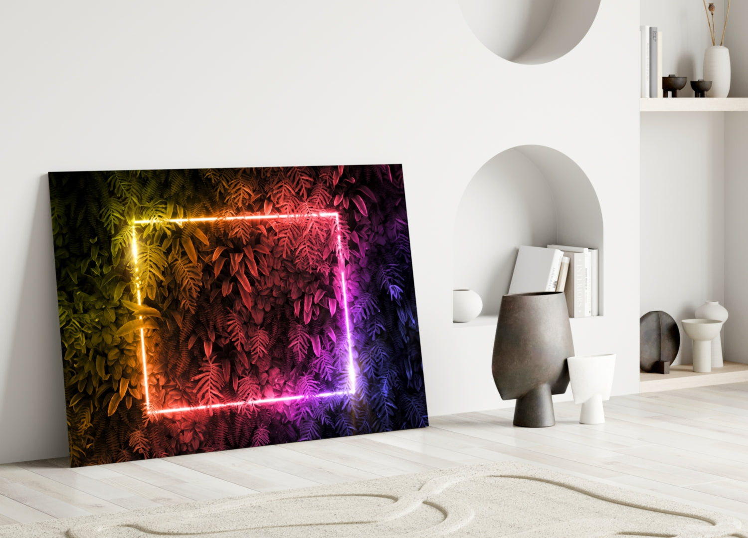 Rainbow Neon Square Foliage Glass Wall Art