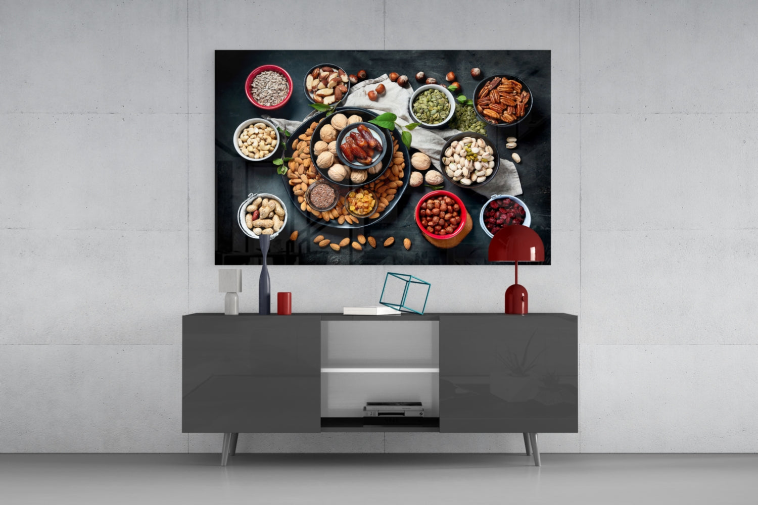 Flat Lay Mixed Nuts Bowls on Slate Glass Wall Art