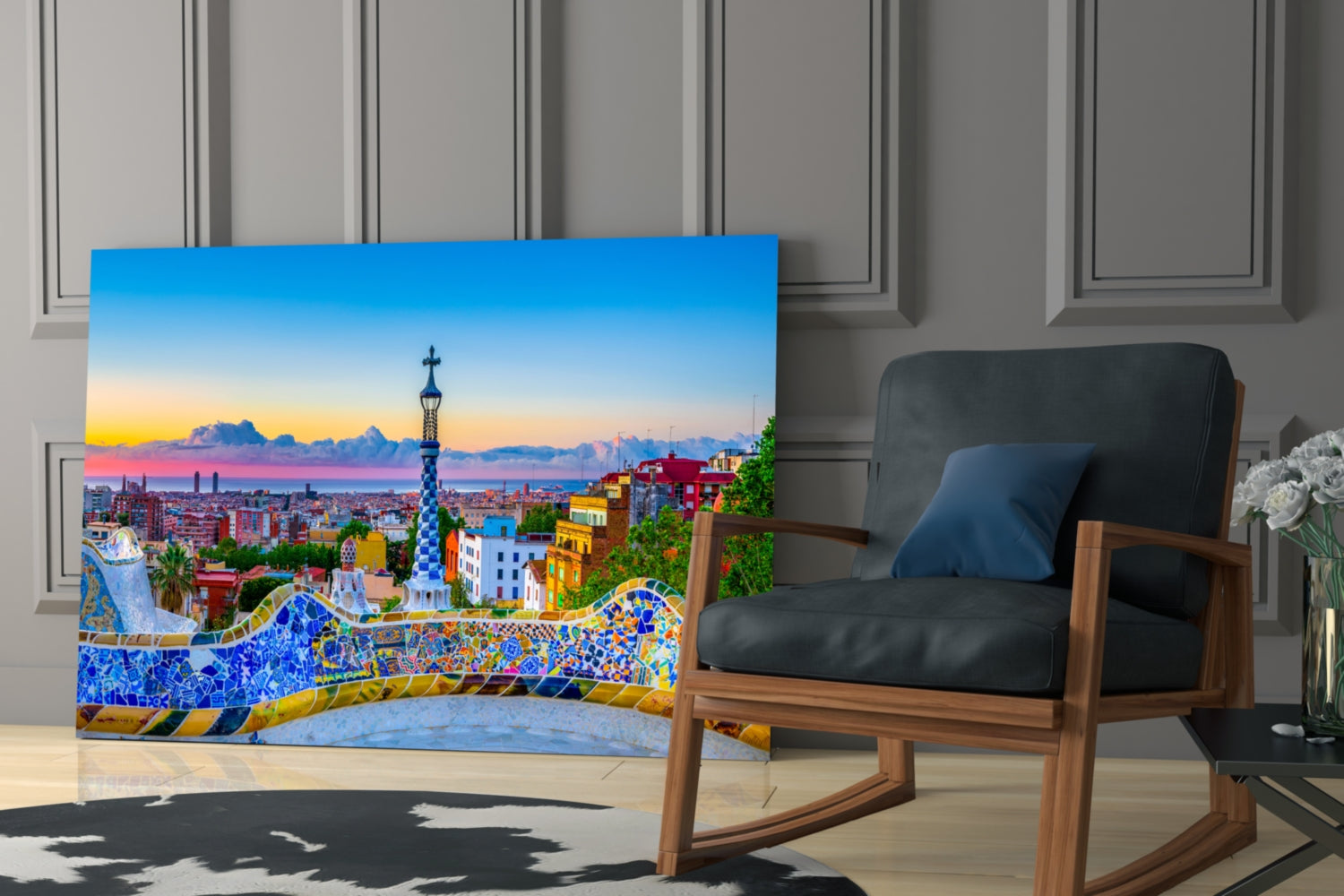 Mosaic Terrace Barcelona Sunset Skyline Glass Wall Art