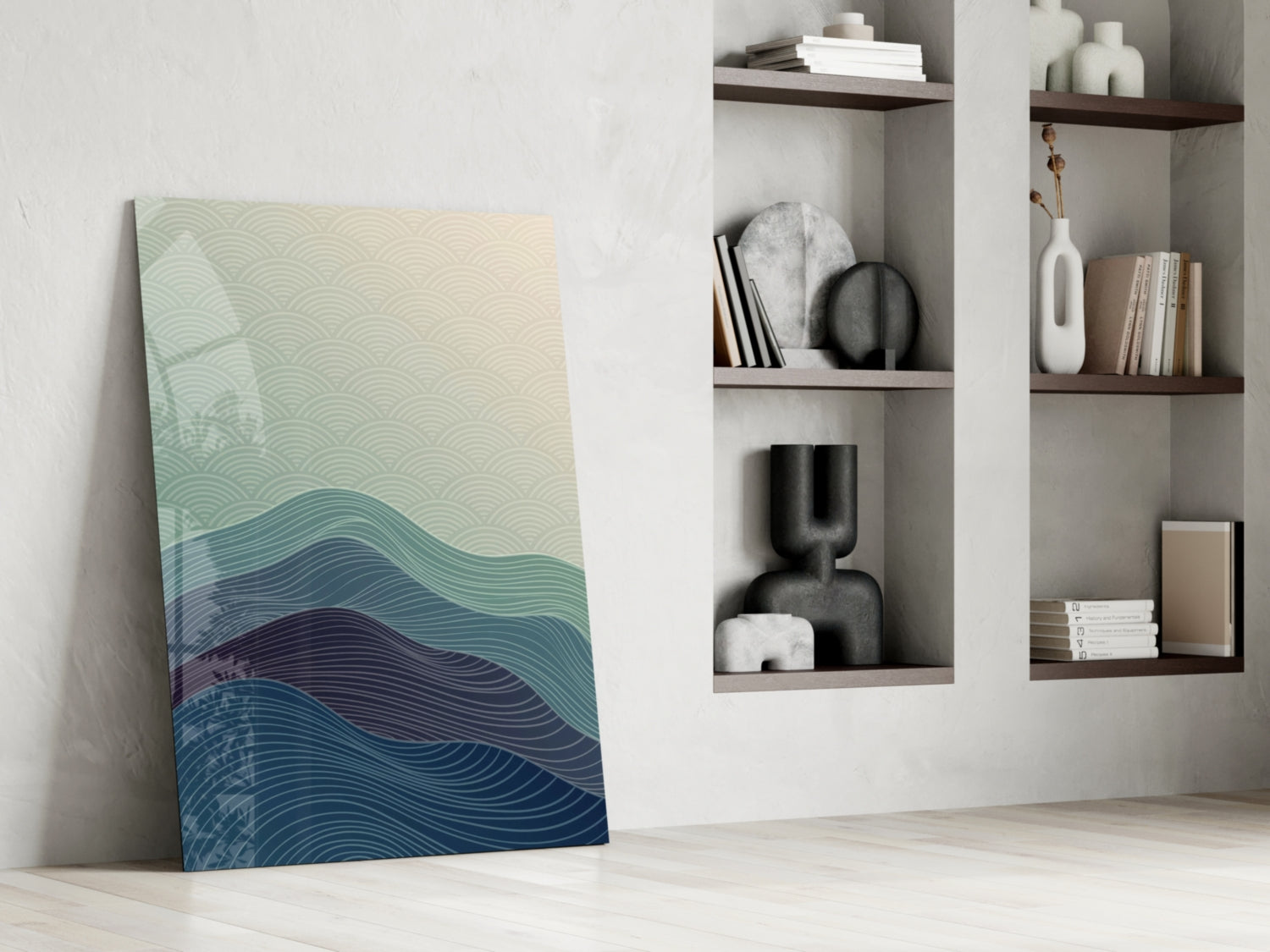 Line Art Waves Blue Teal Glass Wall Art