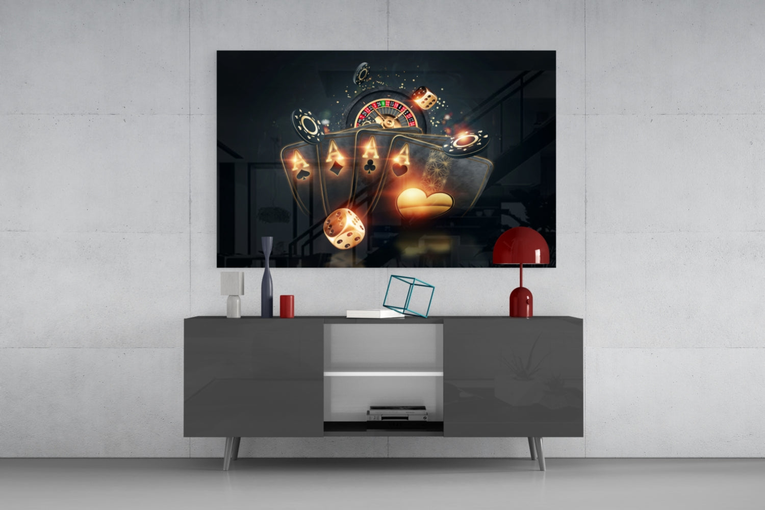 Roulette Wheel Chips And Four Aces Glass Wall Art