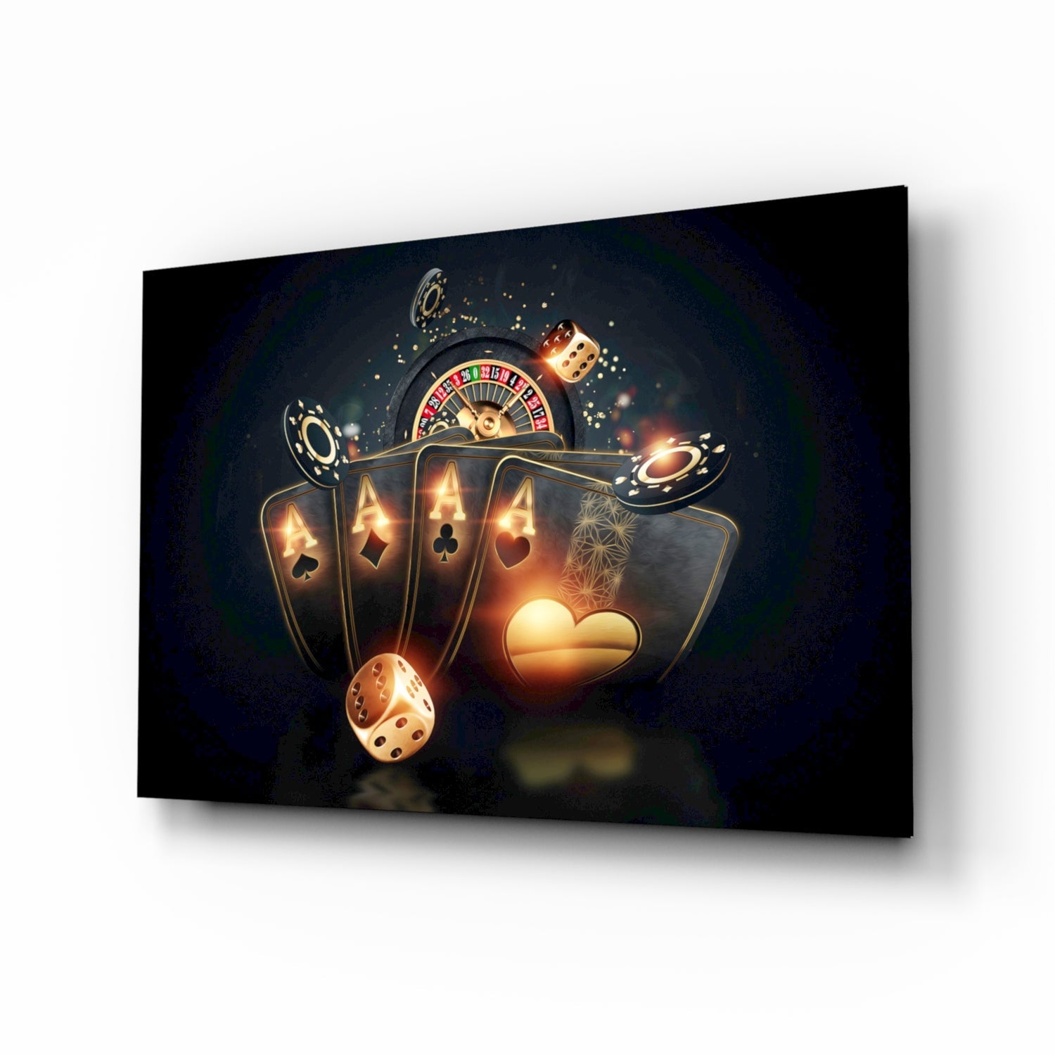 Roulette Wheel Chips And Four Aces Glass Wall Art
