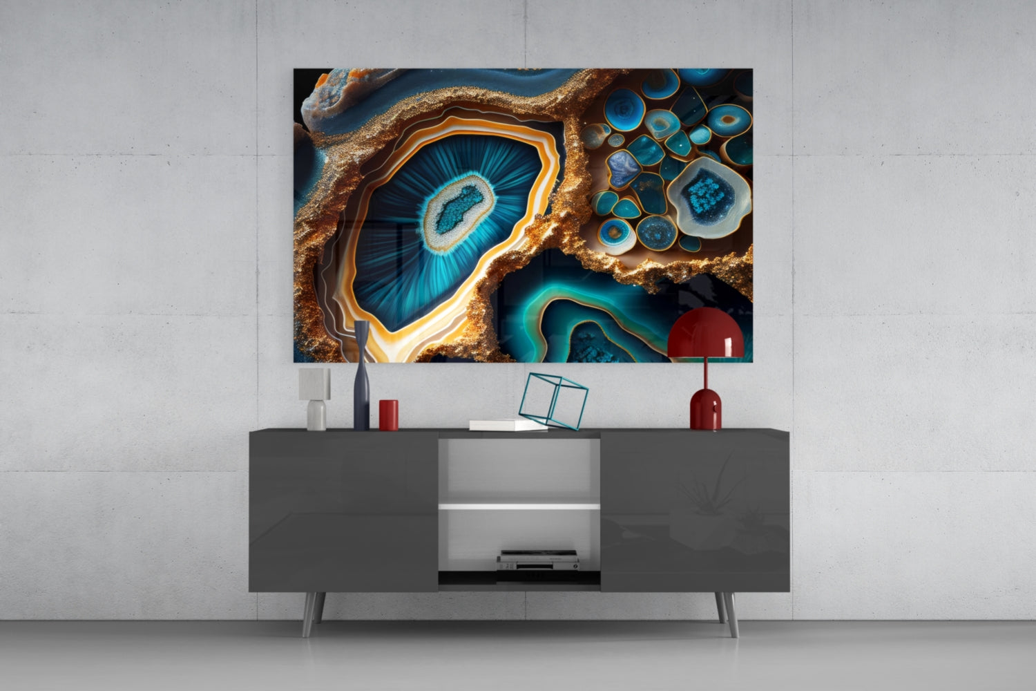 Teal Gold Agate Geode Glass Wall Art