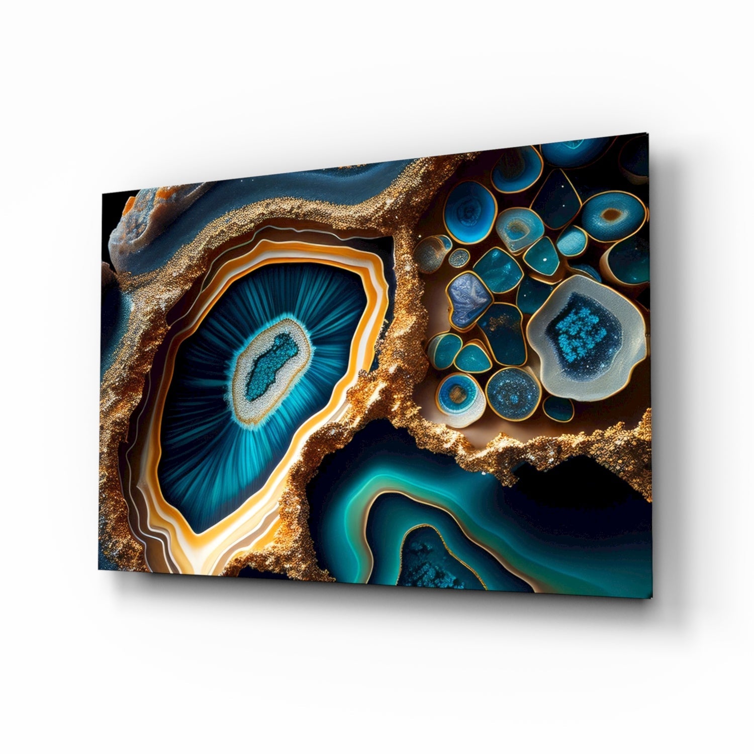Teal Gold Agate Geode Glass Wall Art