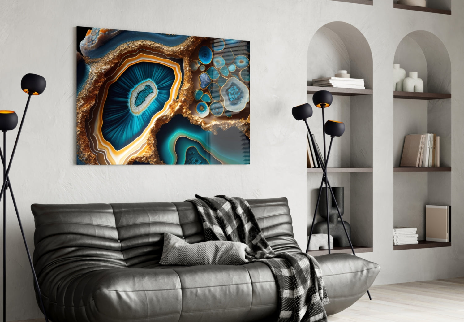 Teal Gold Agate Geode Glass Wall Art