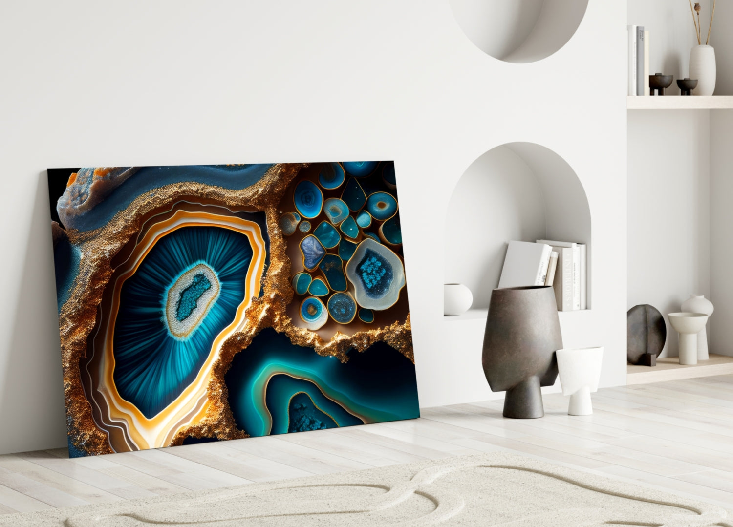 Teal Gold Agate Geode Glass Wall Art