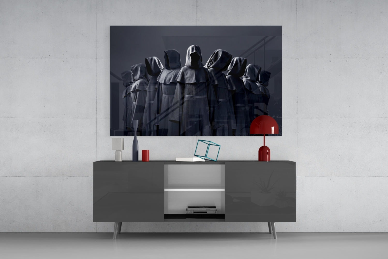 Hooded Figures in Shadow Glass Wall Art