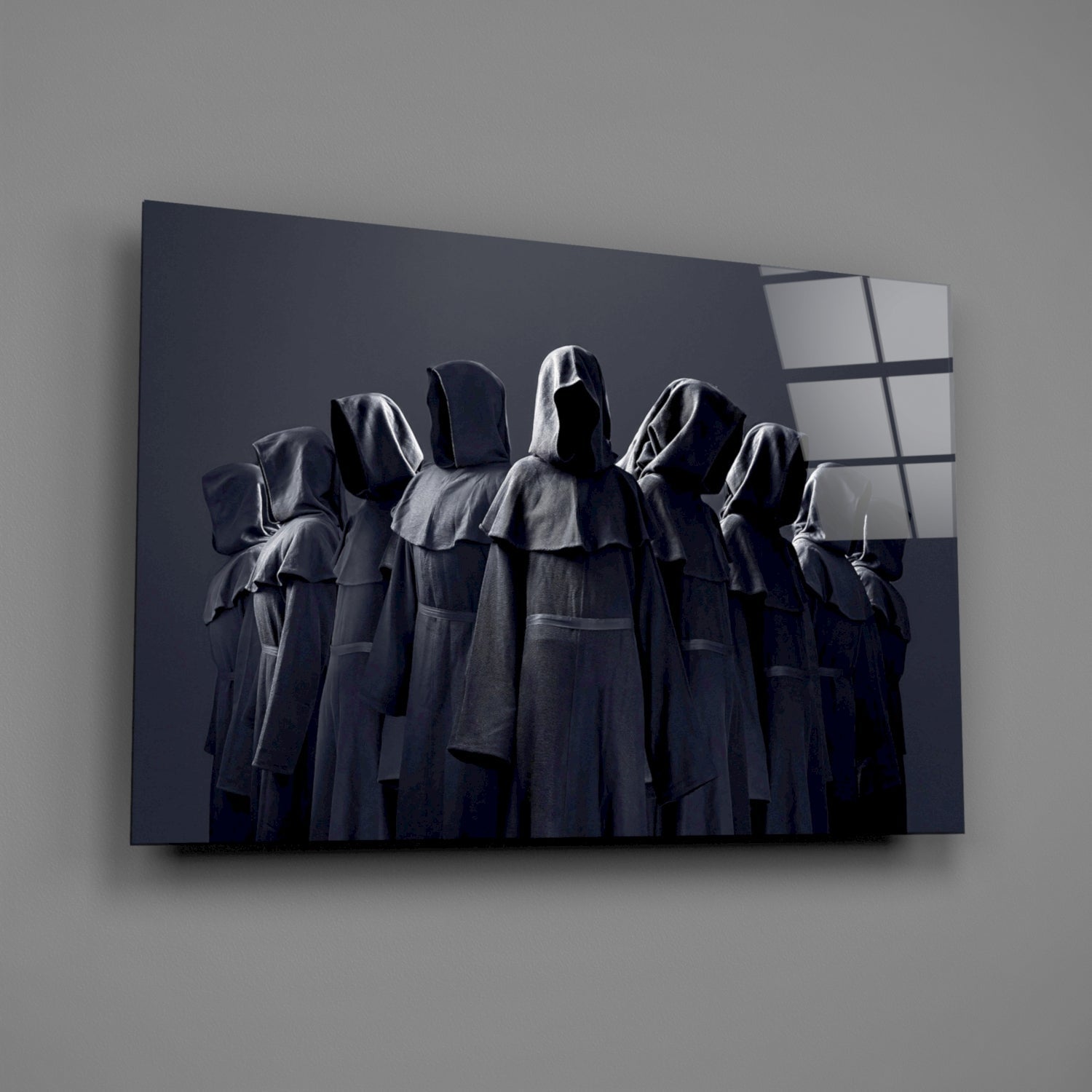Hooded Figures in Shadow Glass Wall Art