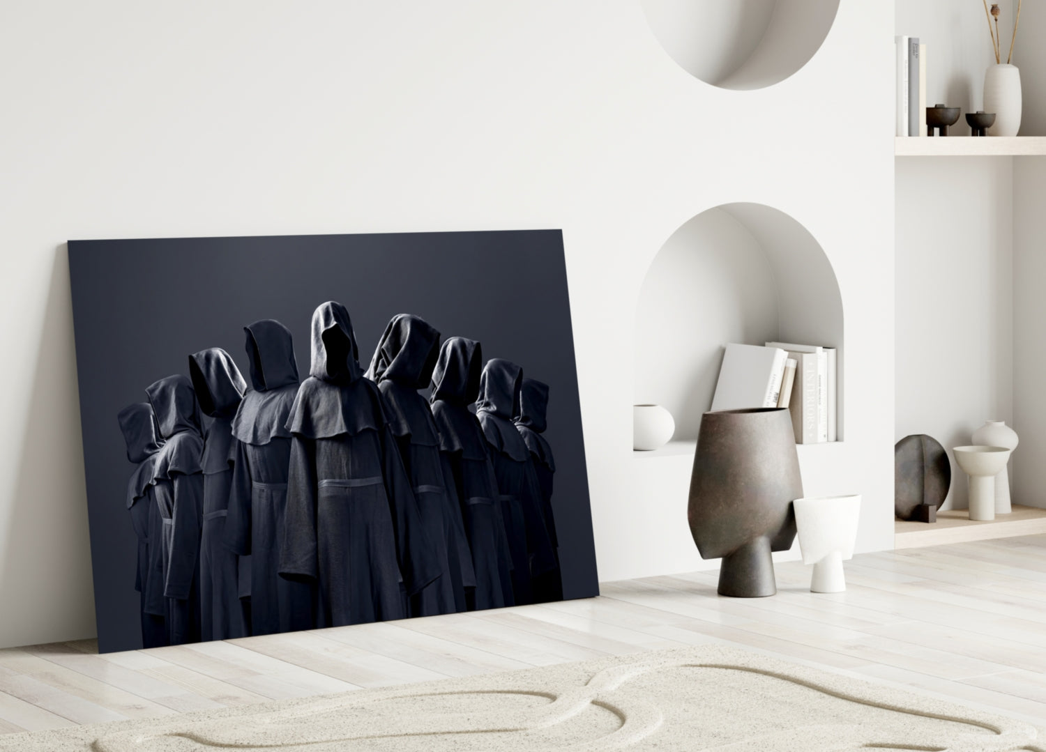 Hooded Figures in Shadow Glass Wall Art
