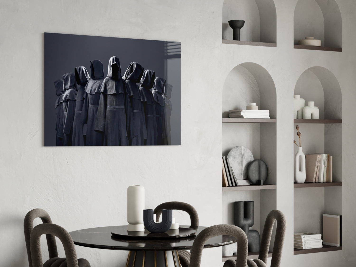 Hooded Figures in Shadow Glass Wall Art