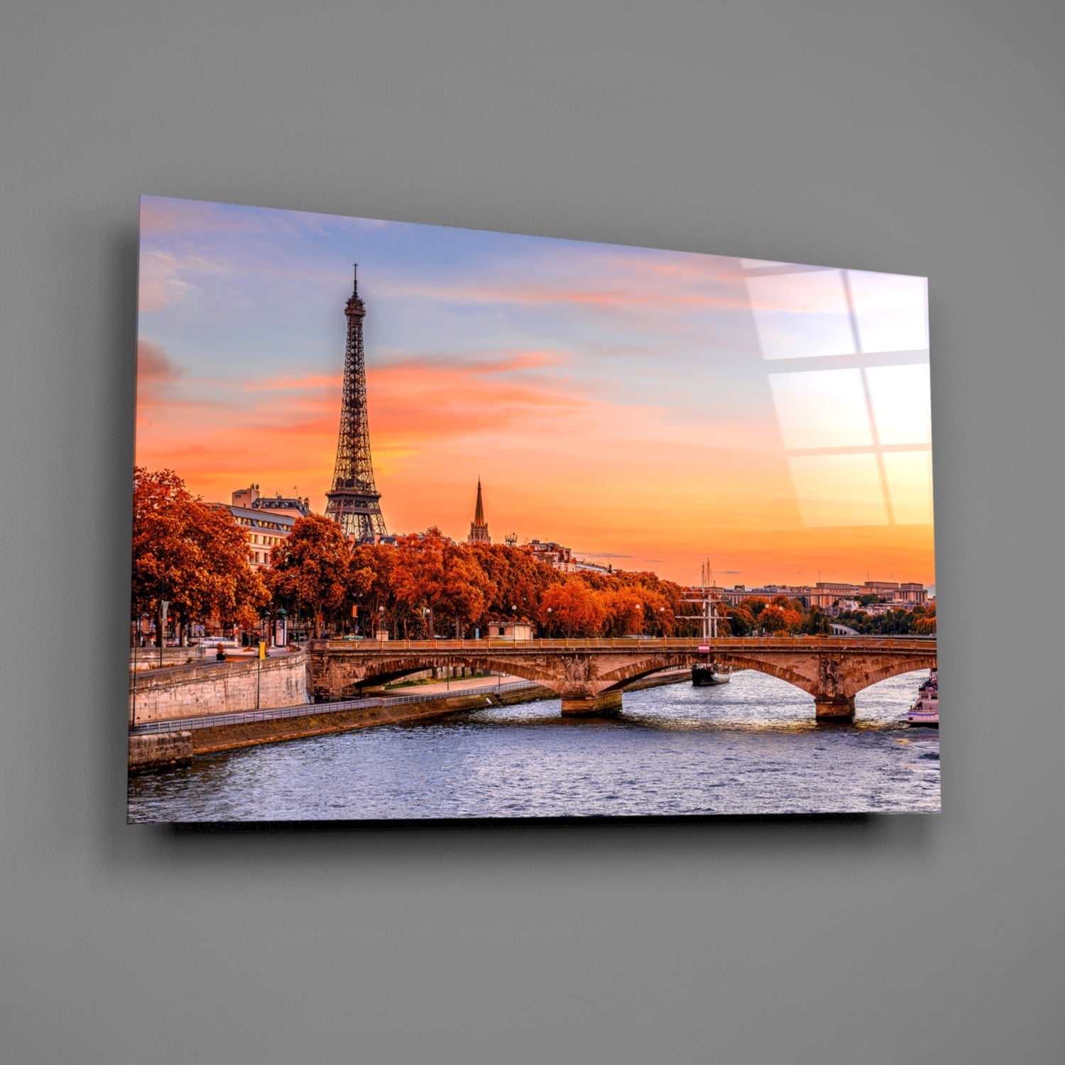 Seine River Bridge Sunset Glass Wall Art