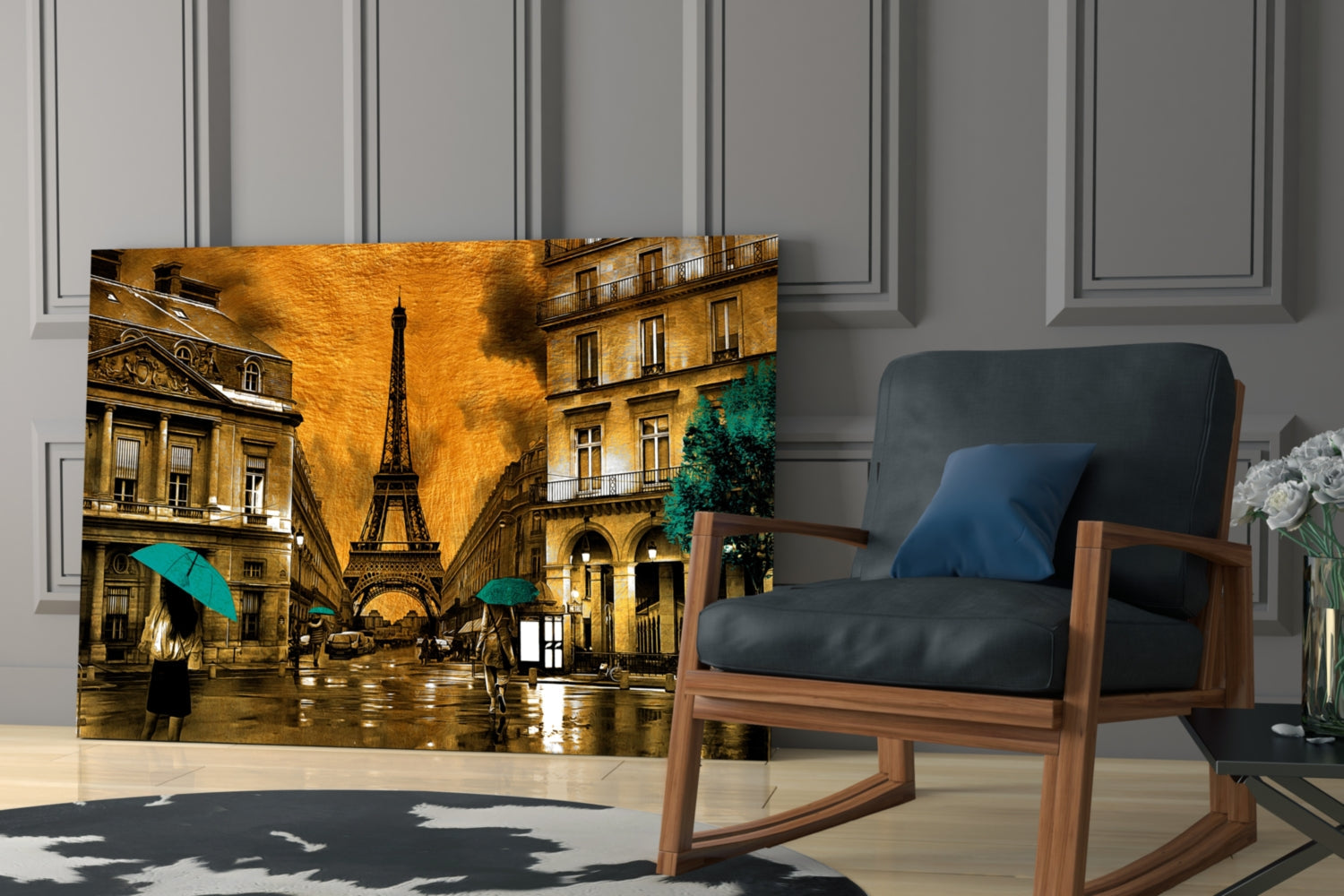 Teal Umbrellas Golden Paris Glass Wall Art