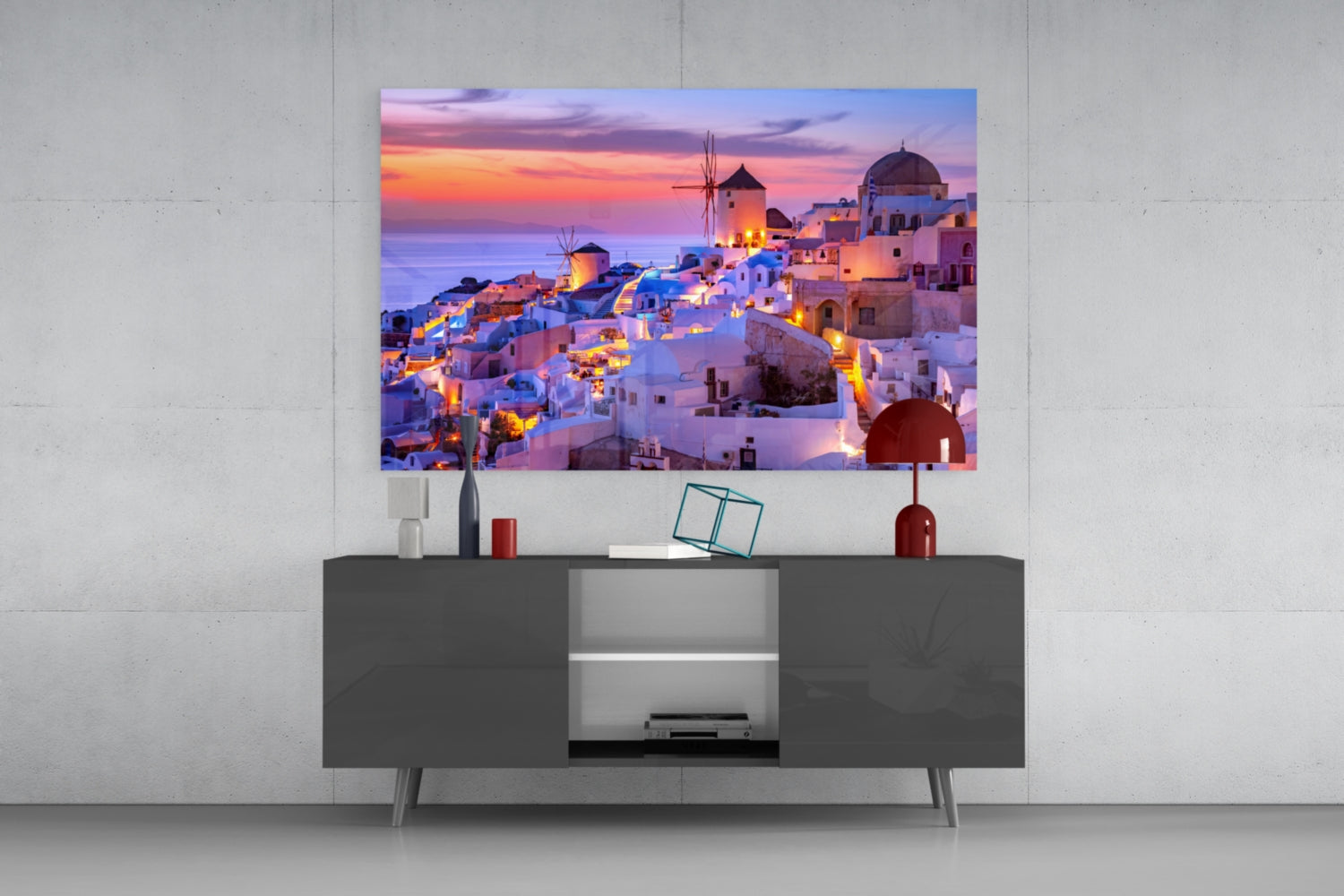 Purple Sunset Windmill Santorini Skyline Glass Wall Art