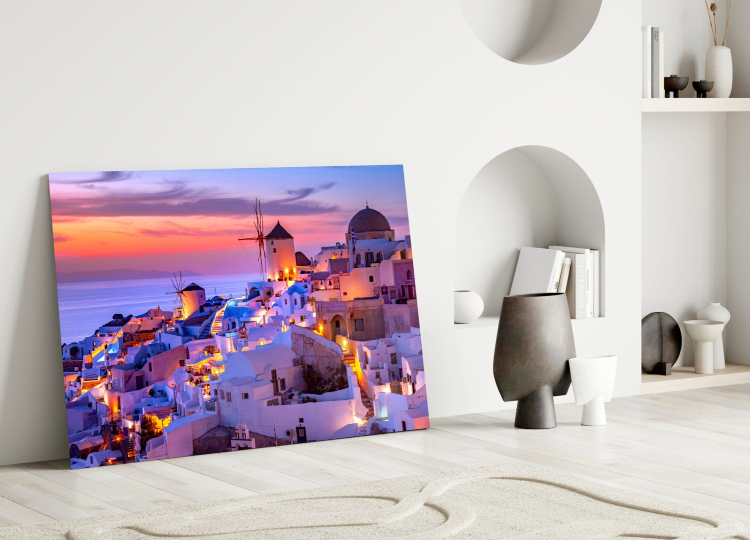 Purple Sunset Windmill Santorini Skyline Glass Wall Art