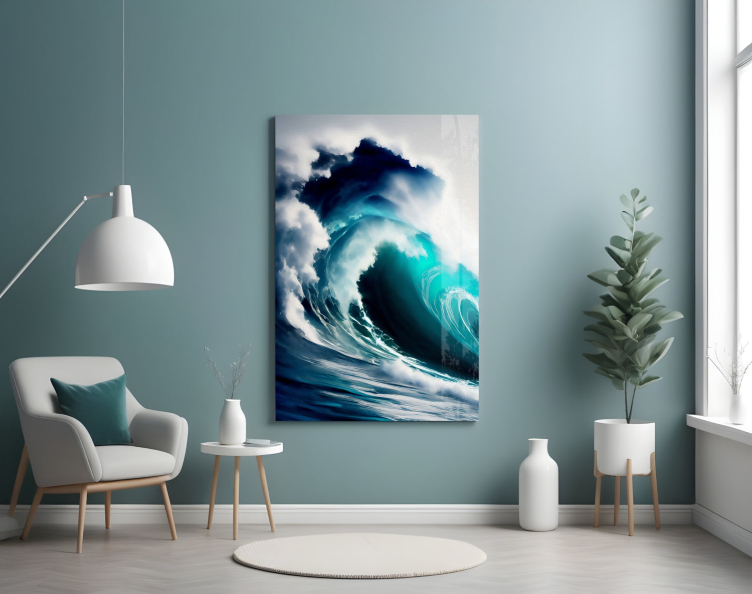 Towering Turquoise Wave Glass Wall Art