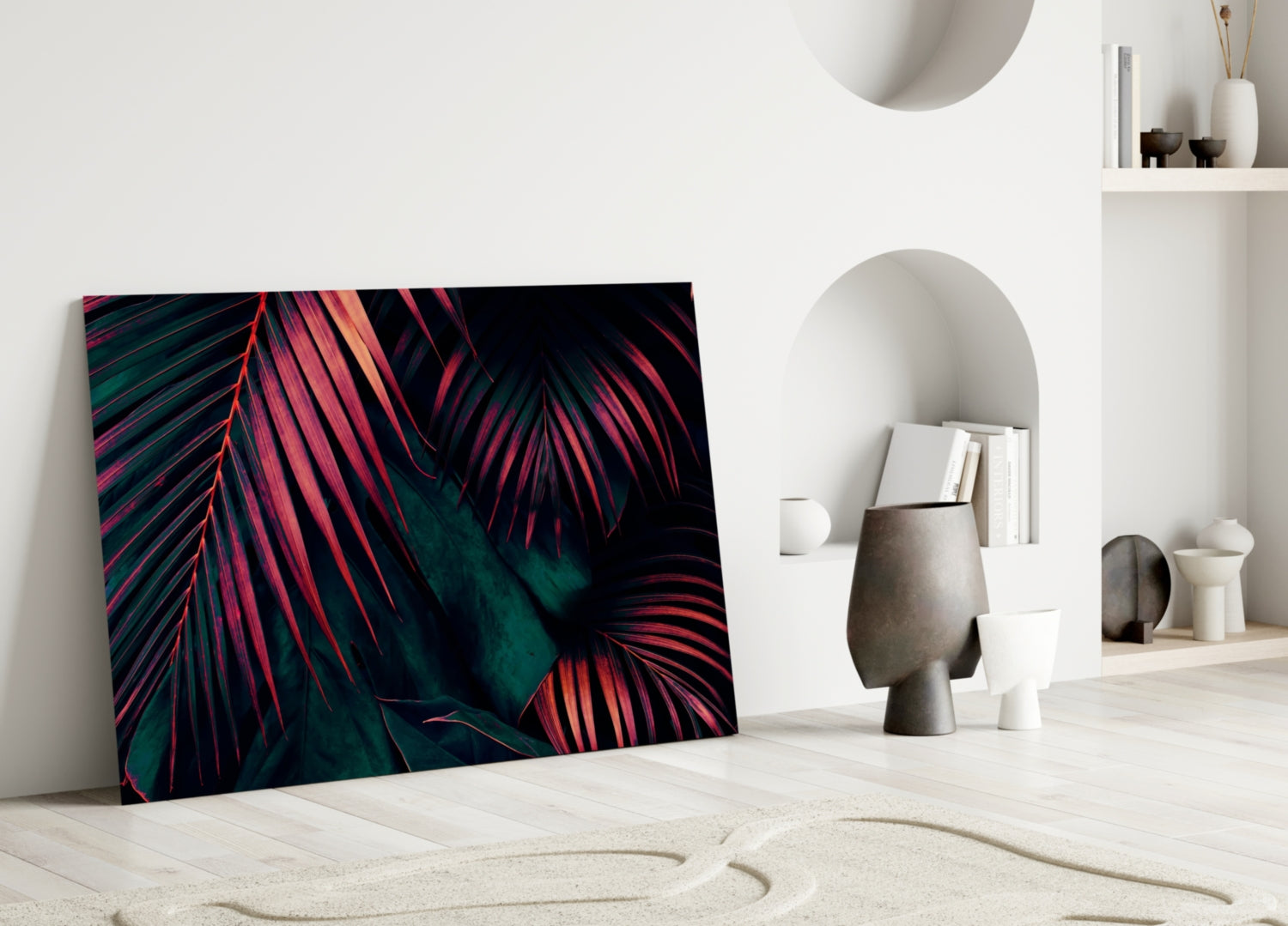 Crimson Palm Fronds Jungle Glass Wall Art