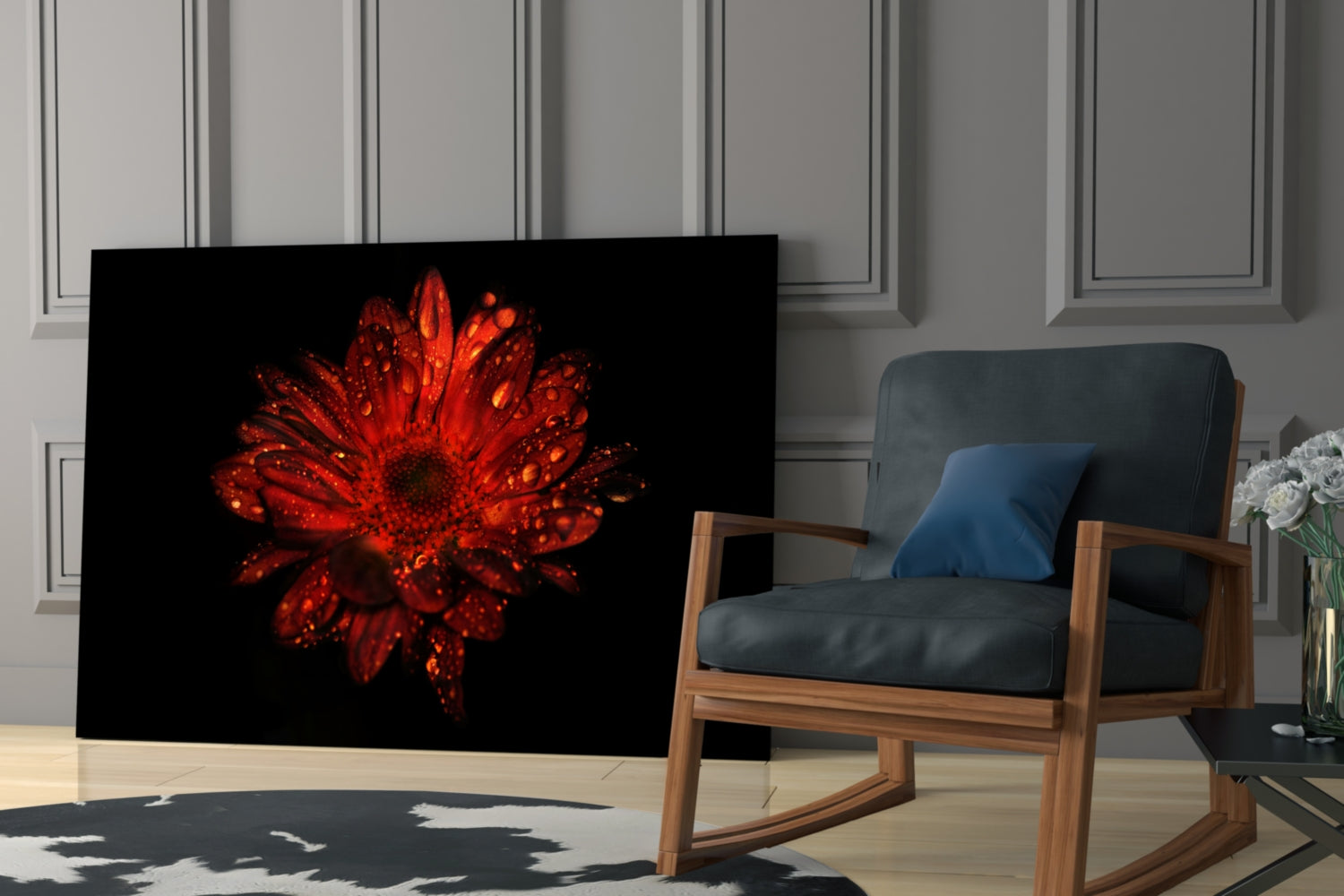 Red Dewy Gerbera Flower Glass Wall Art
