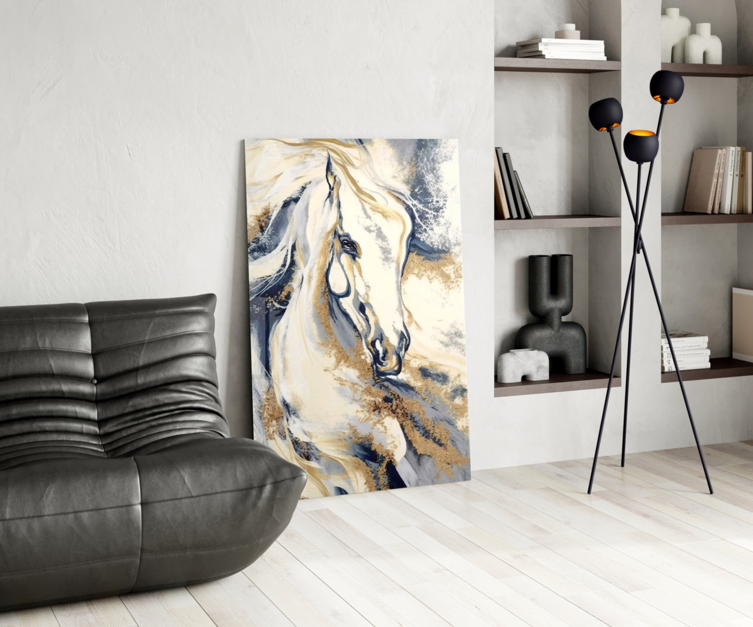 White Horse Navy Gold Marble Glass Wall Art